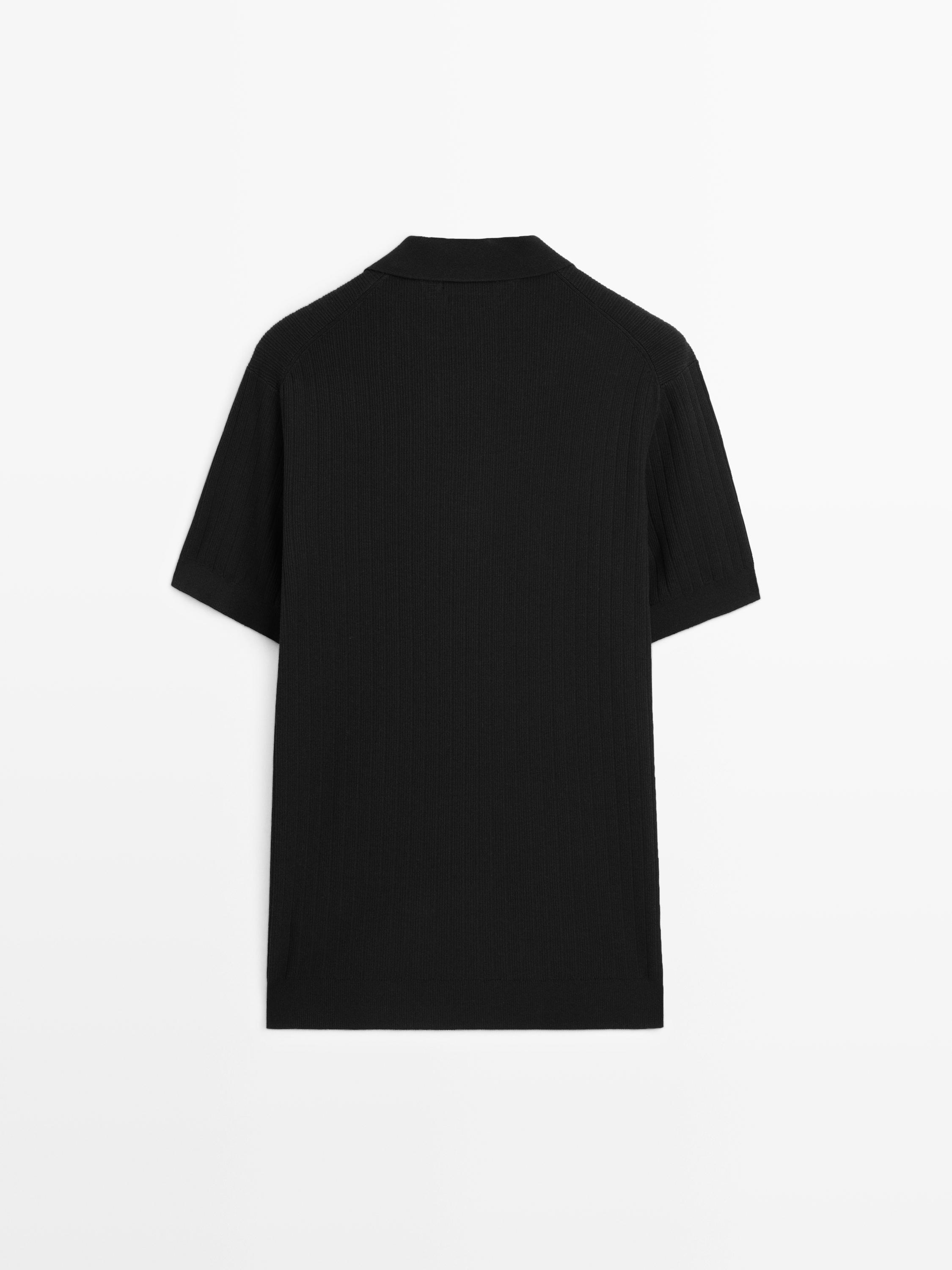 Ribbed knit cotton polo shirt — BLACK