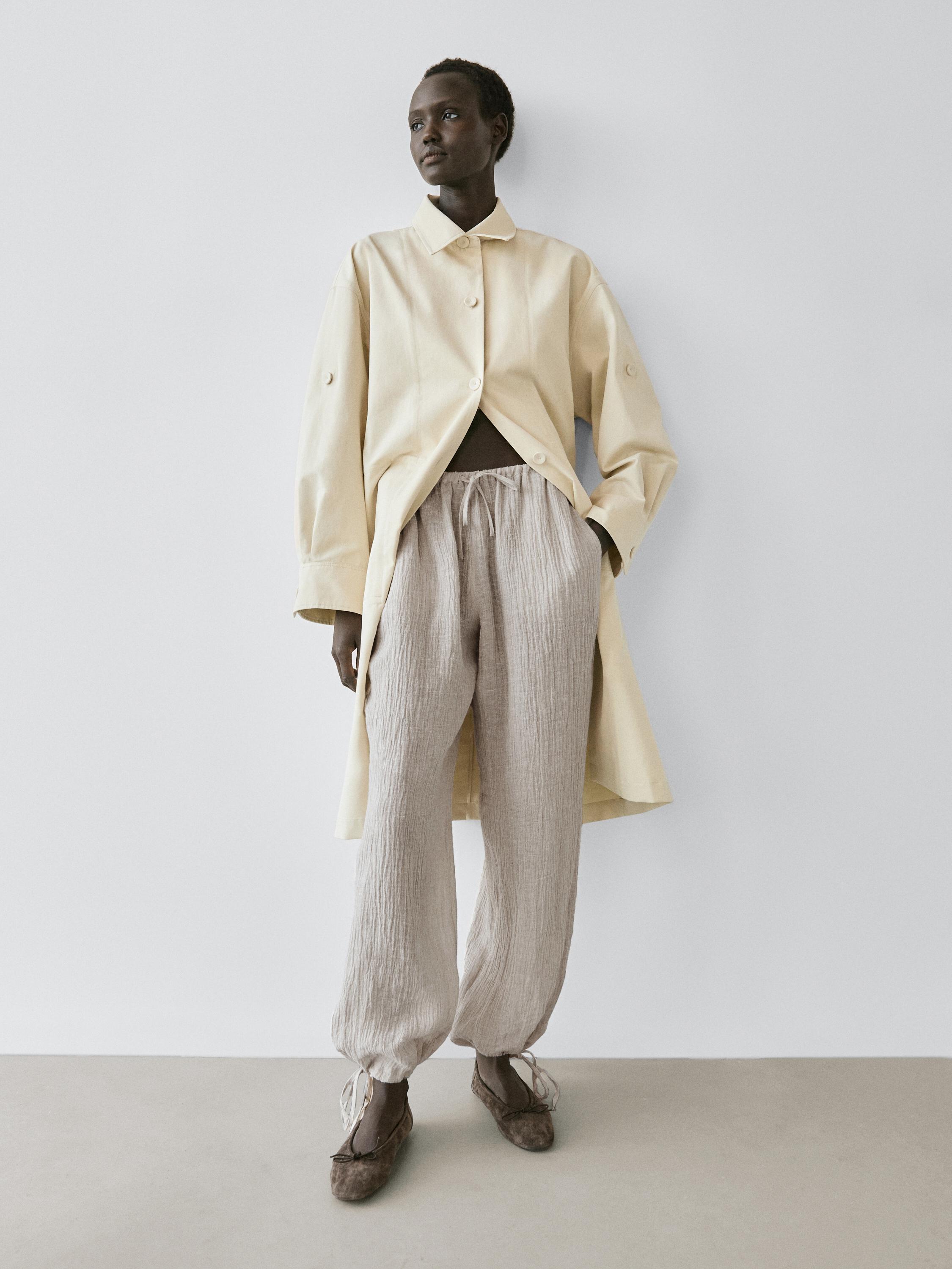 100% linen waffle-knit sarouel trousers — SAND