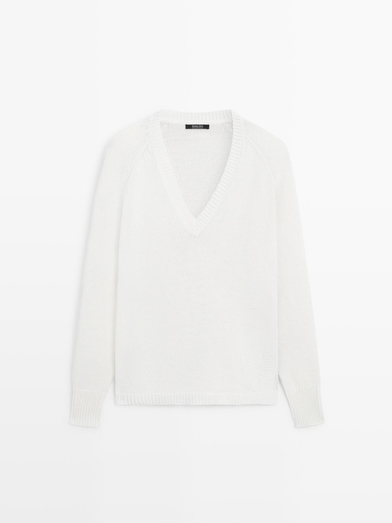 Pull Col V En Maille De Coton Mélangé - Blanc - Xs - Massimo Dutti - Femme
