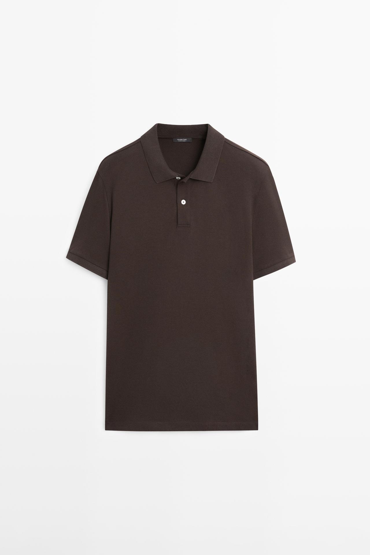 Massimo Dutti - Herre - Poloshirt I Bomuldspiqué Med Mikrostruktur - Chokolade - Xxl