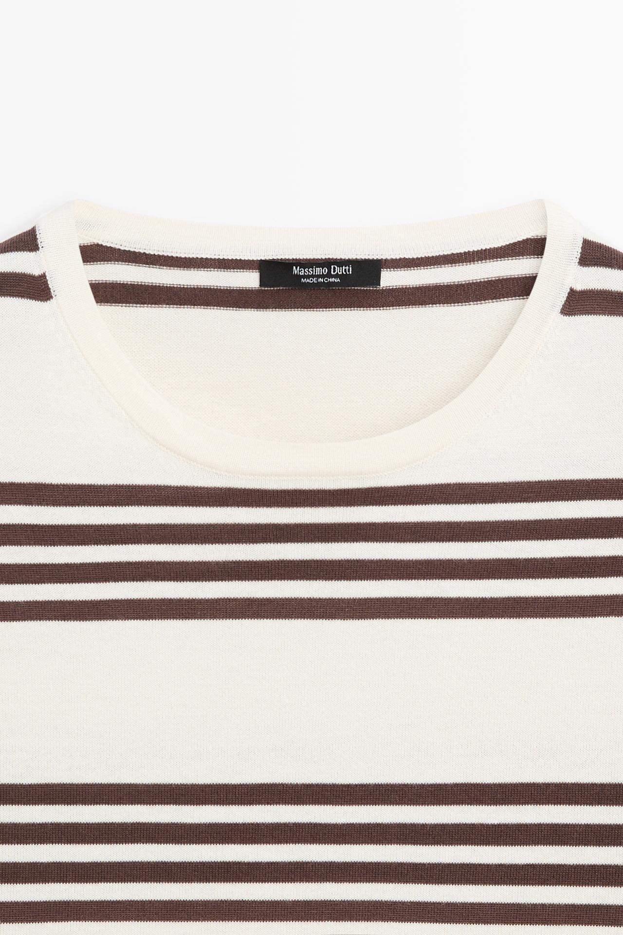 Striped short sleeve knit sweater — BROWN