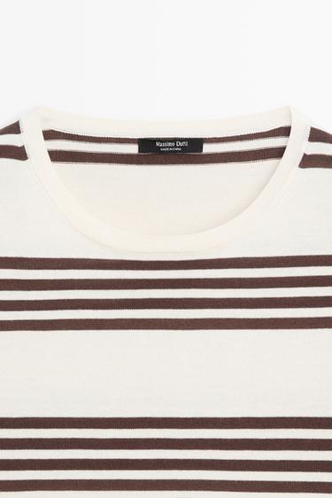 Striped short sleeve knit sweater — BROWN 9