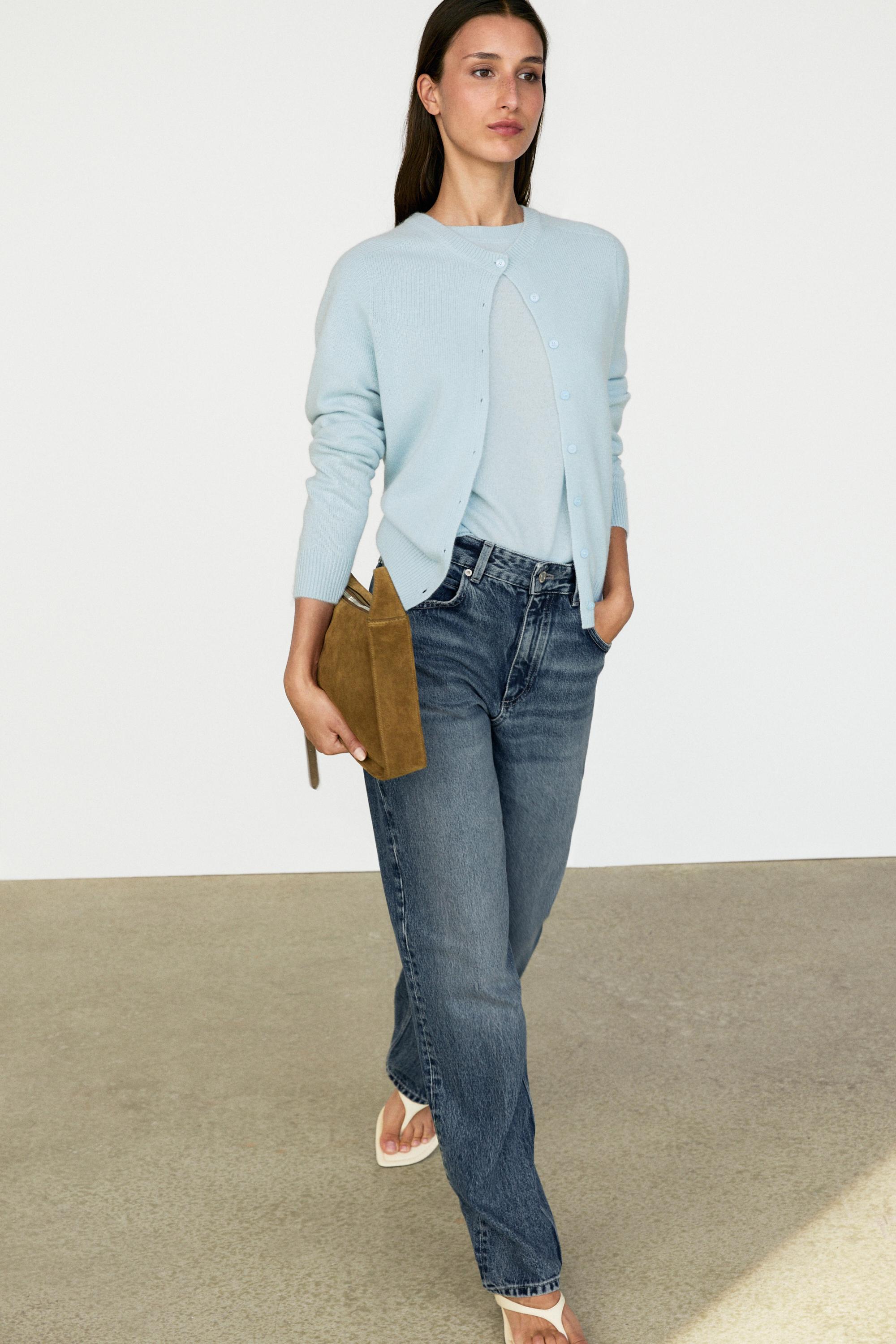 100% cashmere cropped knit cardigan — SKY BLUE