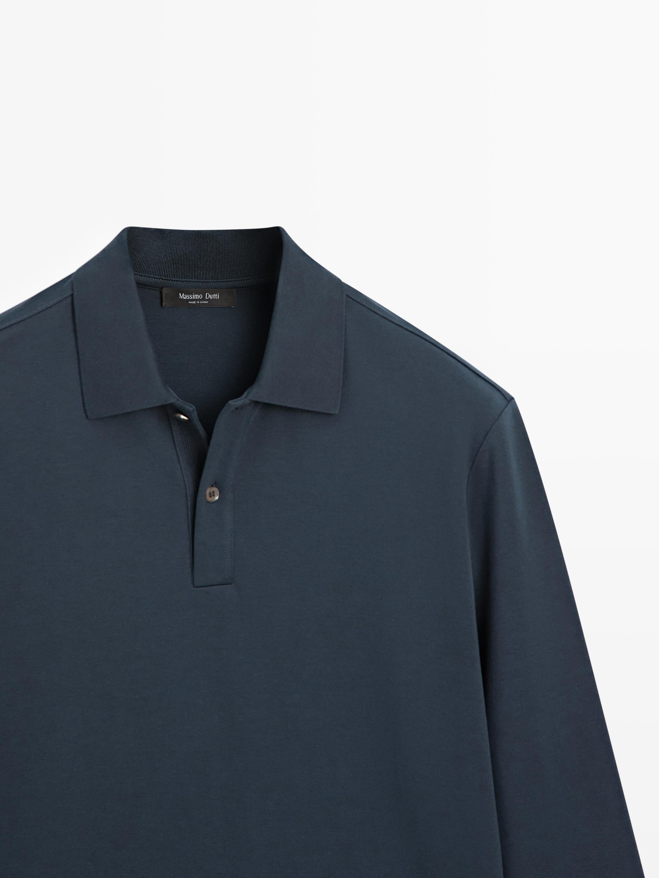 Long sleeve polo shirt with ribbed detail — NAVY BLUE