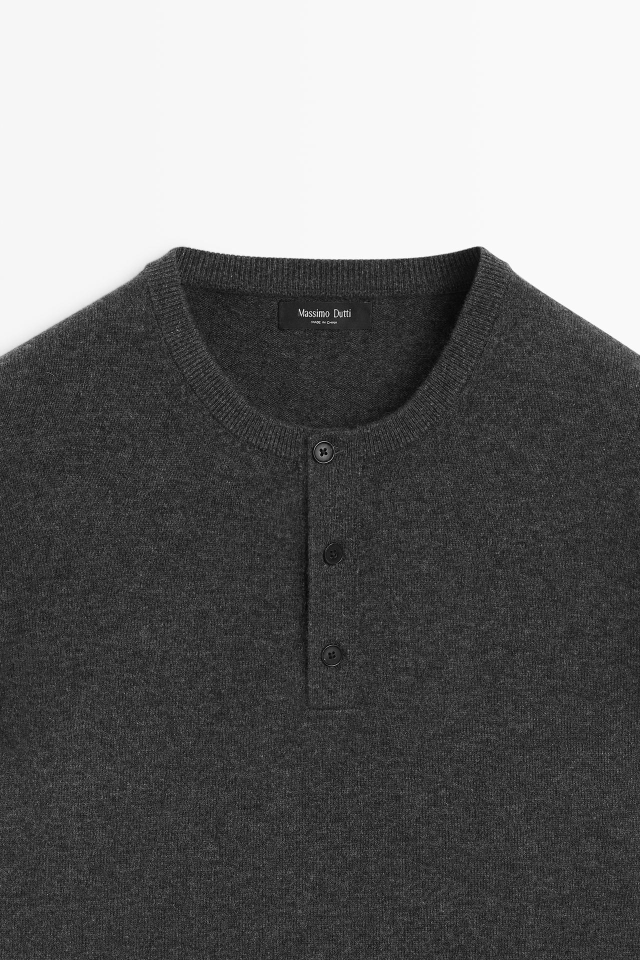 Wool-blend knit henley neck sweater — CHARCOAL