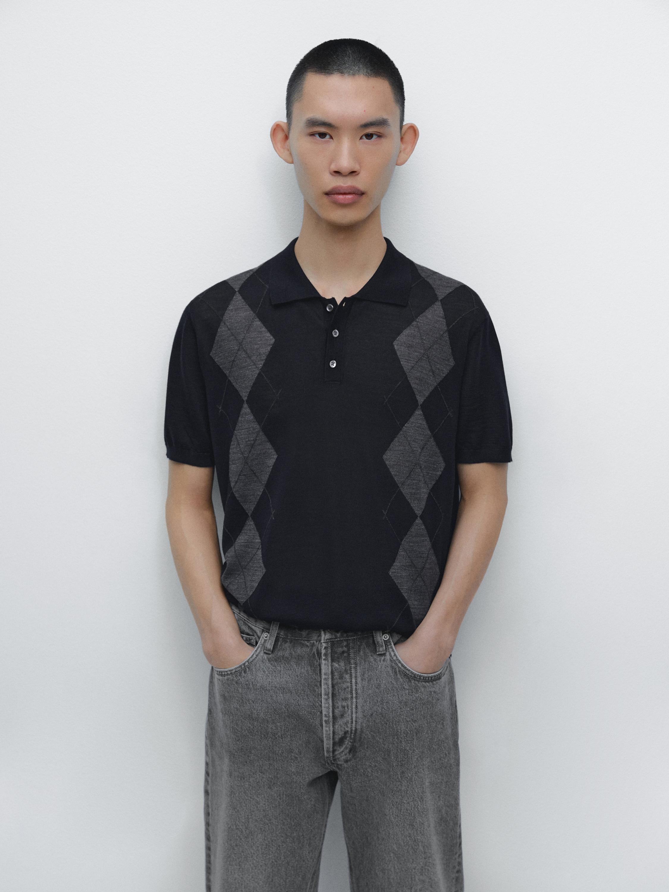 Merino wool blend argyle knit polo sweater — NAVY BLUE