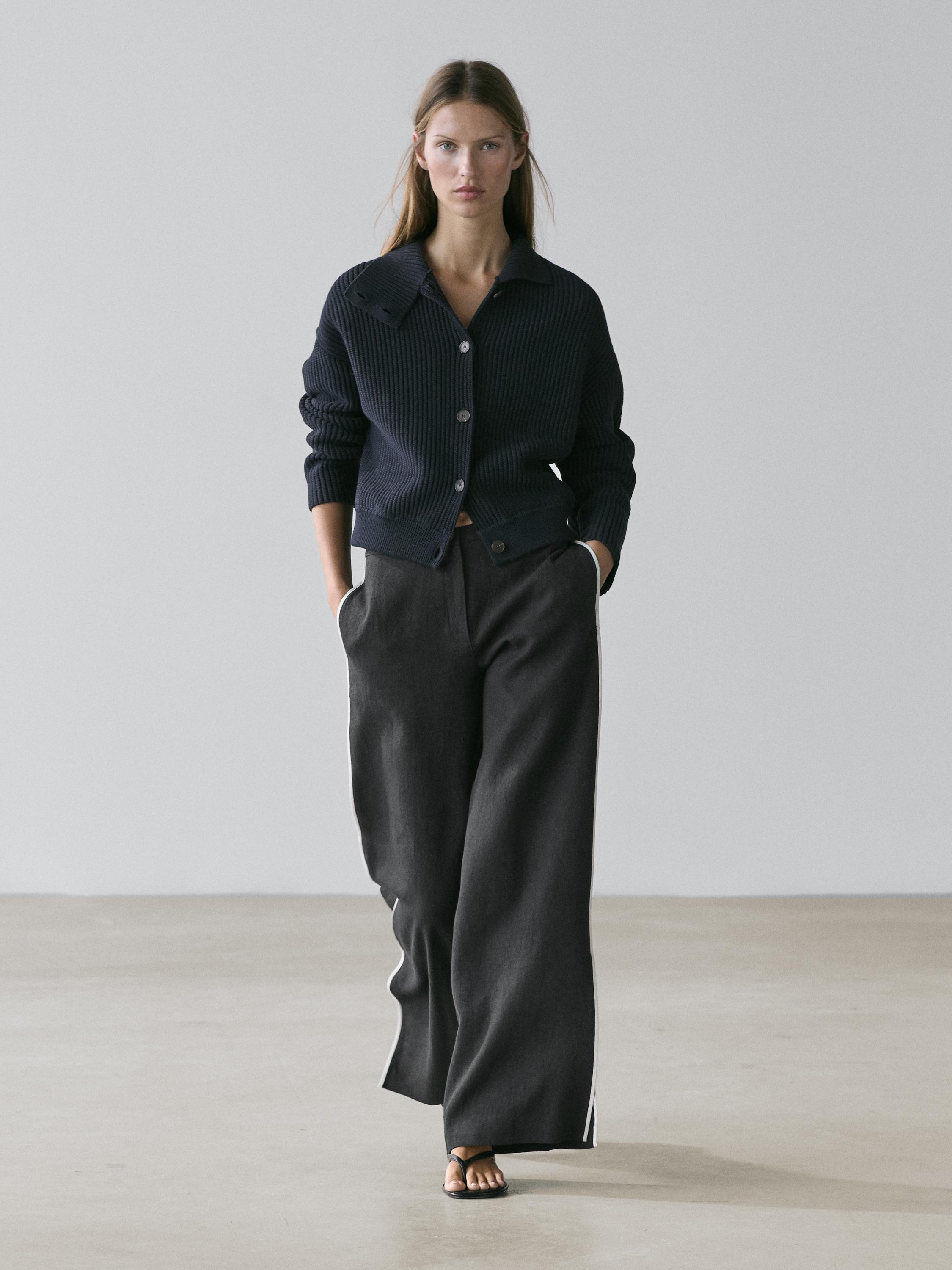 Linen trousers with contrast piping