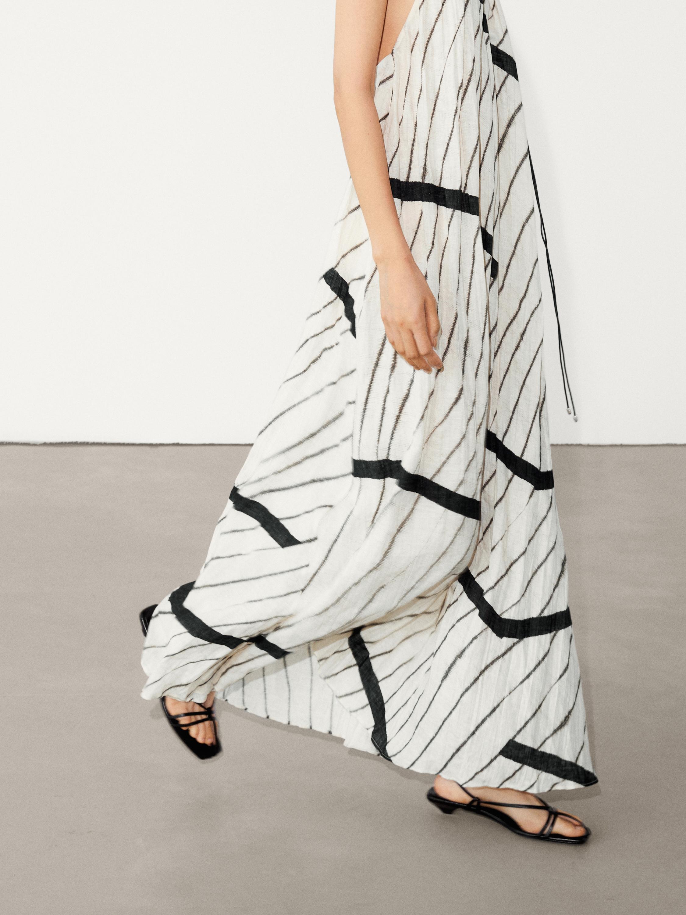 Robe longue à encolure américaine en lin à rayures
