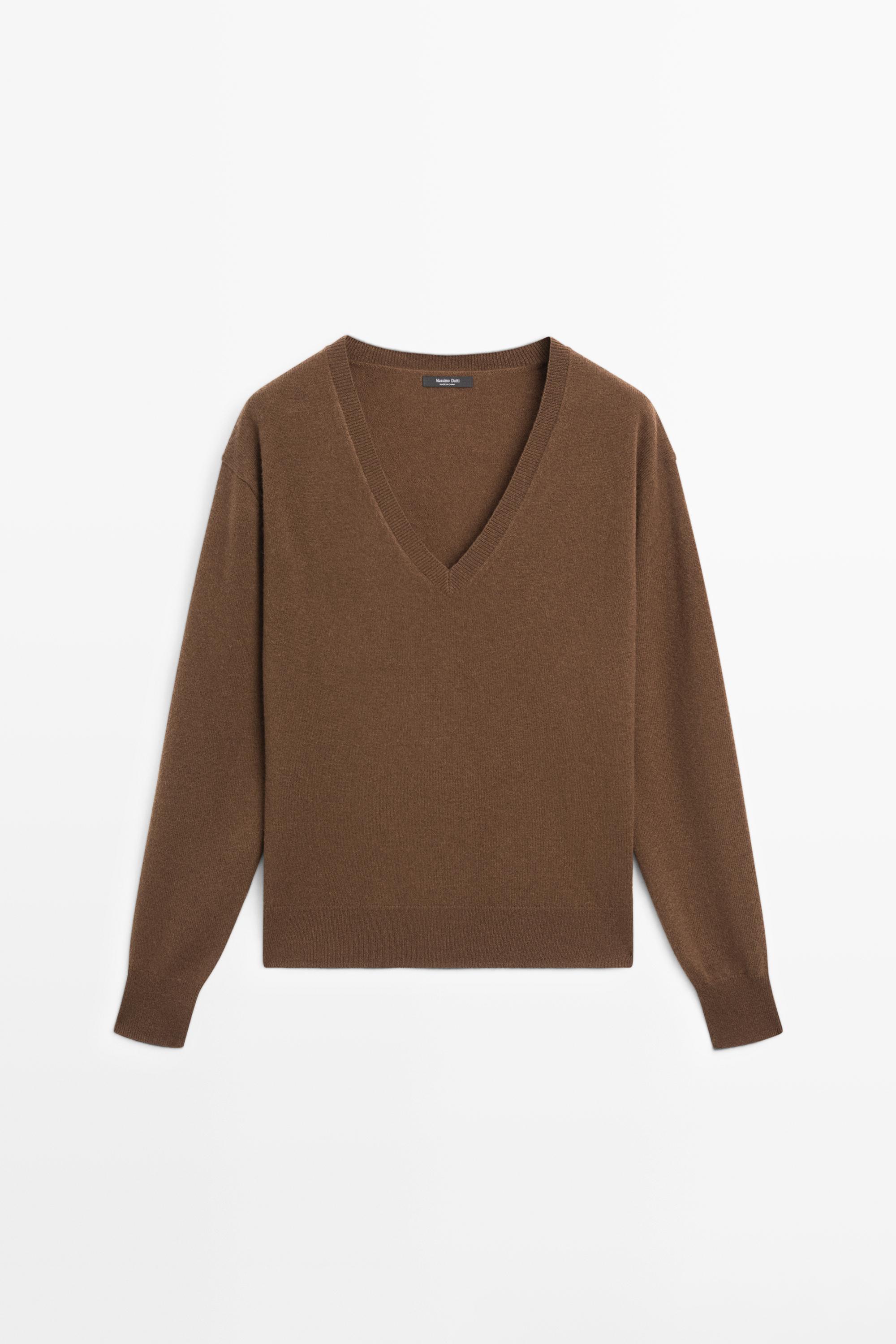 Wool blend V-neck knit sweater — TOFFEE