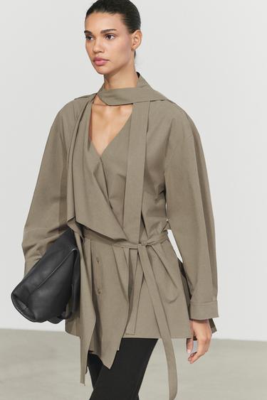 Long flowing cotton-blend blouse with belt — Greyish green 3