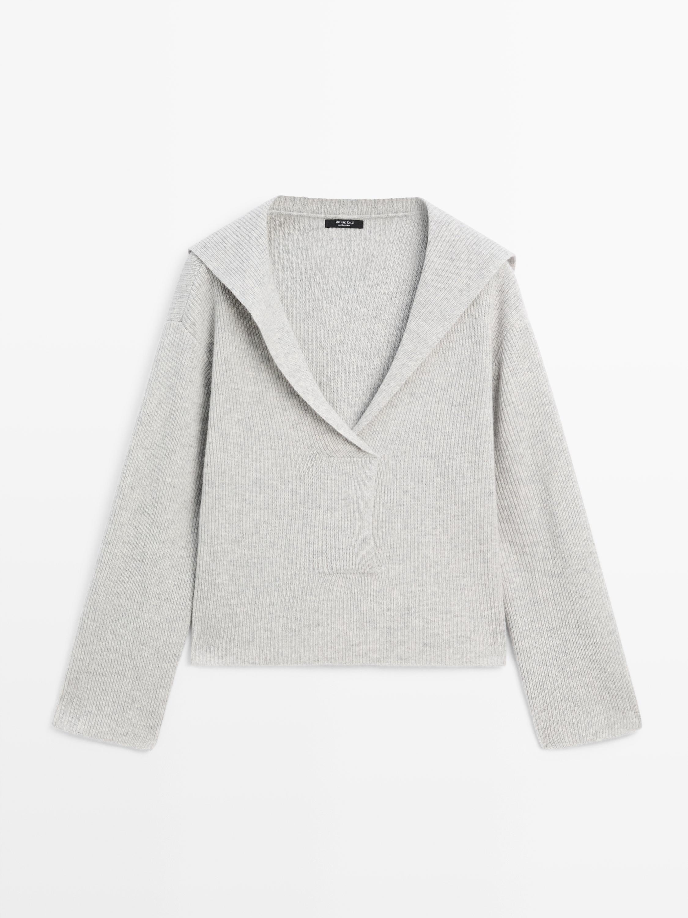 Knit V-neck sweater with lapel collar