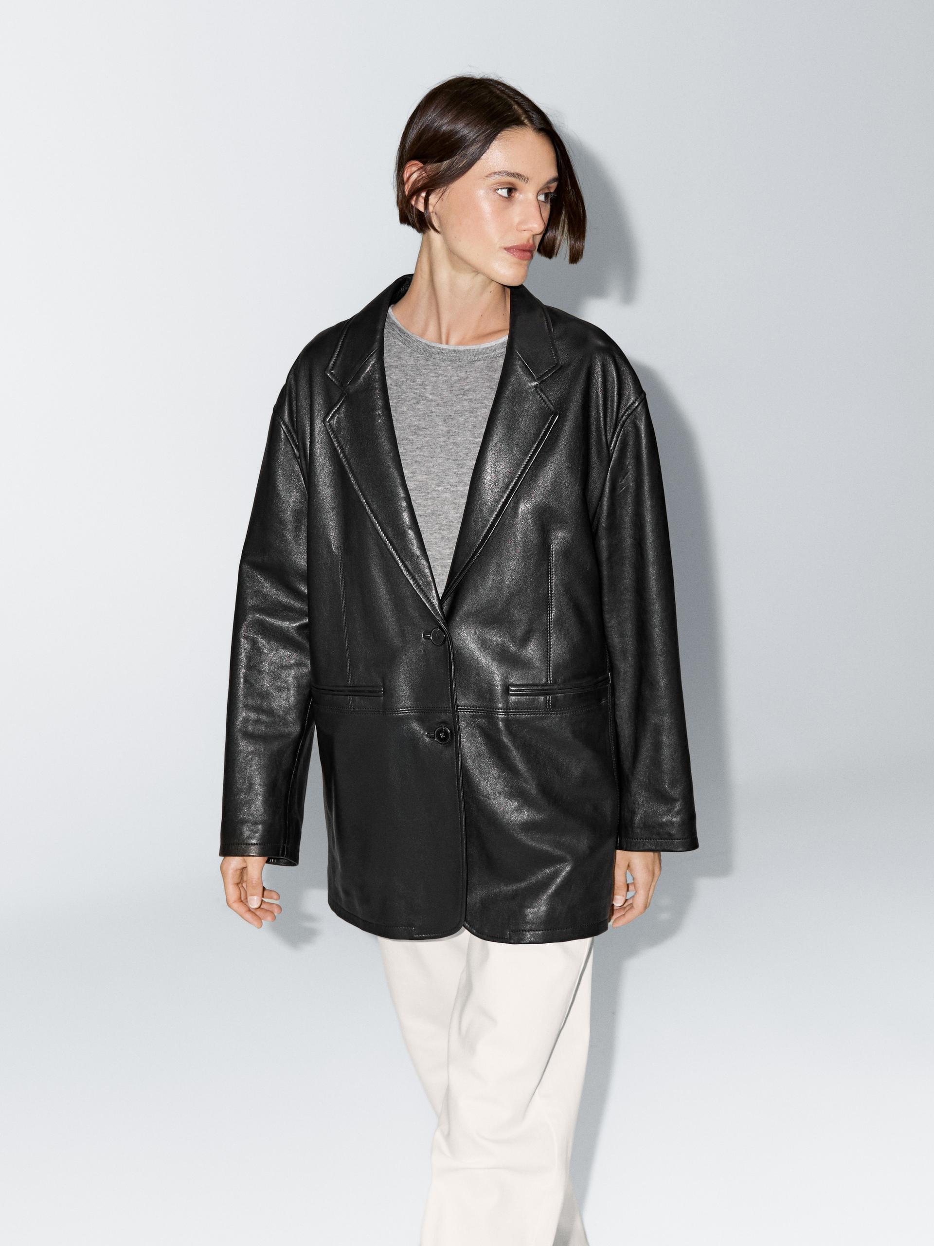 Marynarka Z Miękkiej Skóry Nappa - Czarny - M - Massimo Dutti - Kobieta