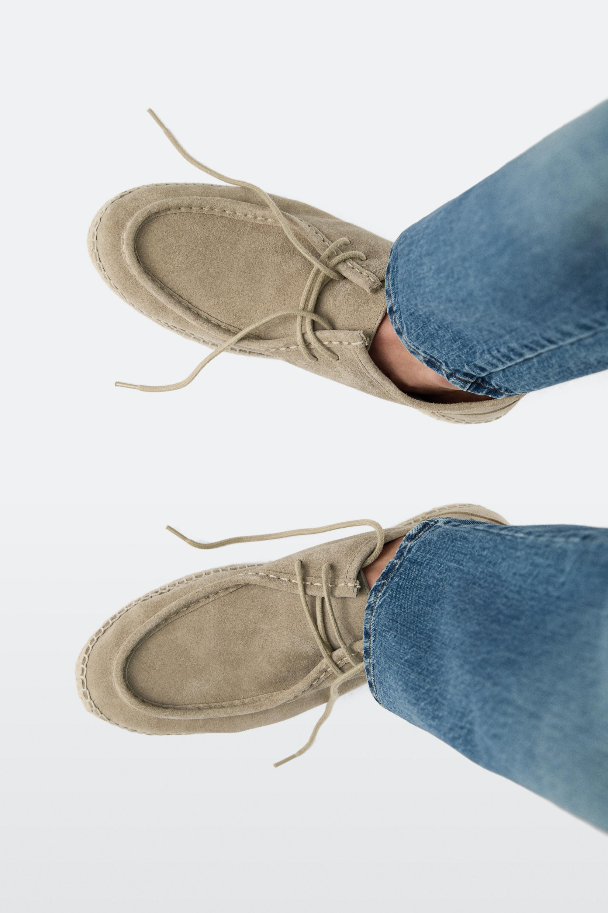 Split leather shoes with moc toe and jute sole — SAND