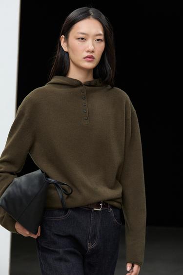 Hooded knit sweater with button detail — KHAKI 5