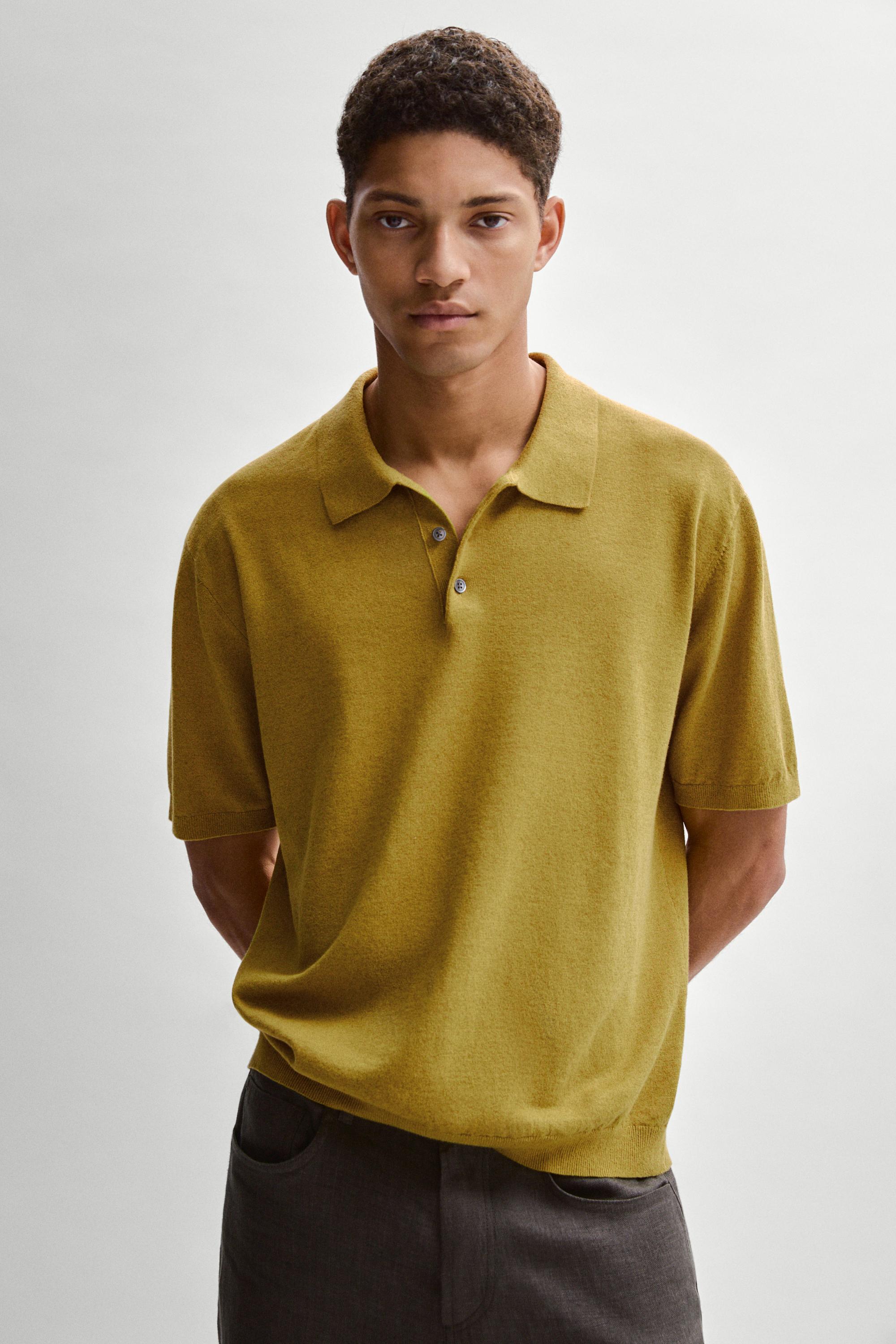 Short sleeve cotton and linen knit polo shirt — OIL