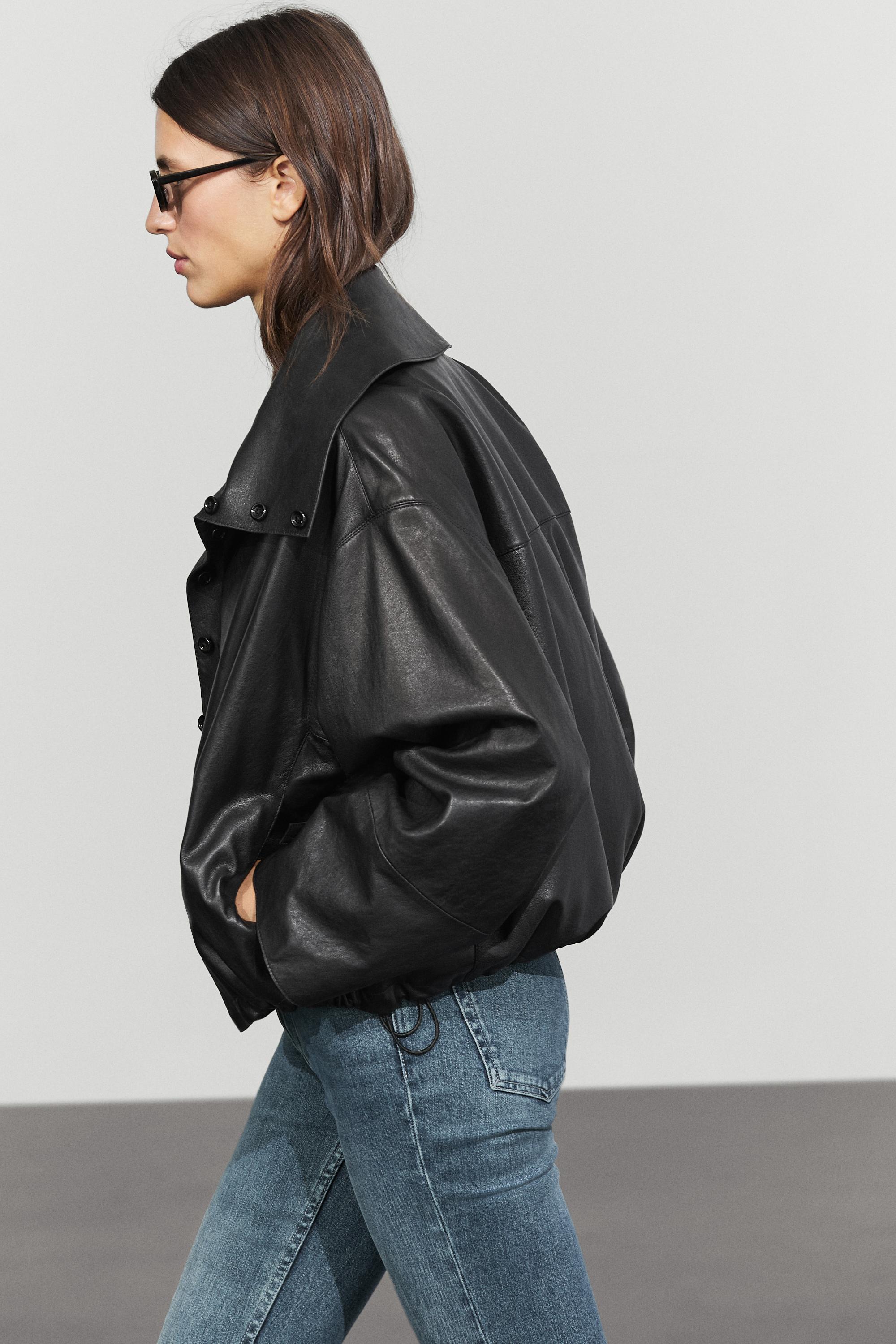 Nappa leather bomber jacket with button detail