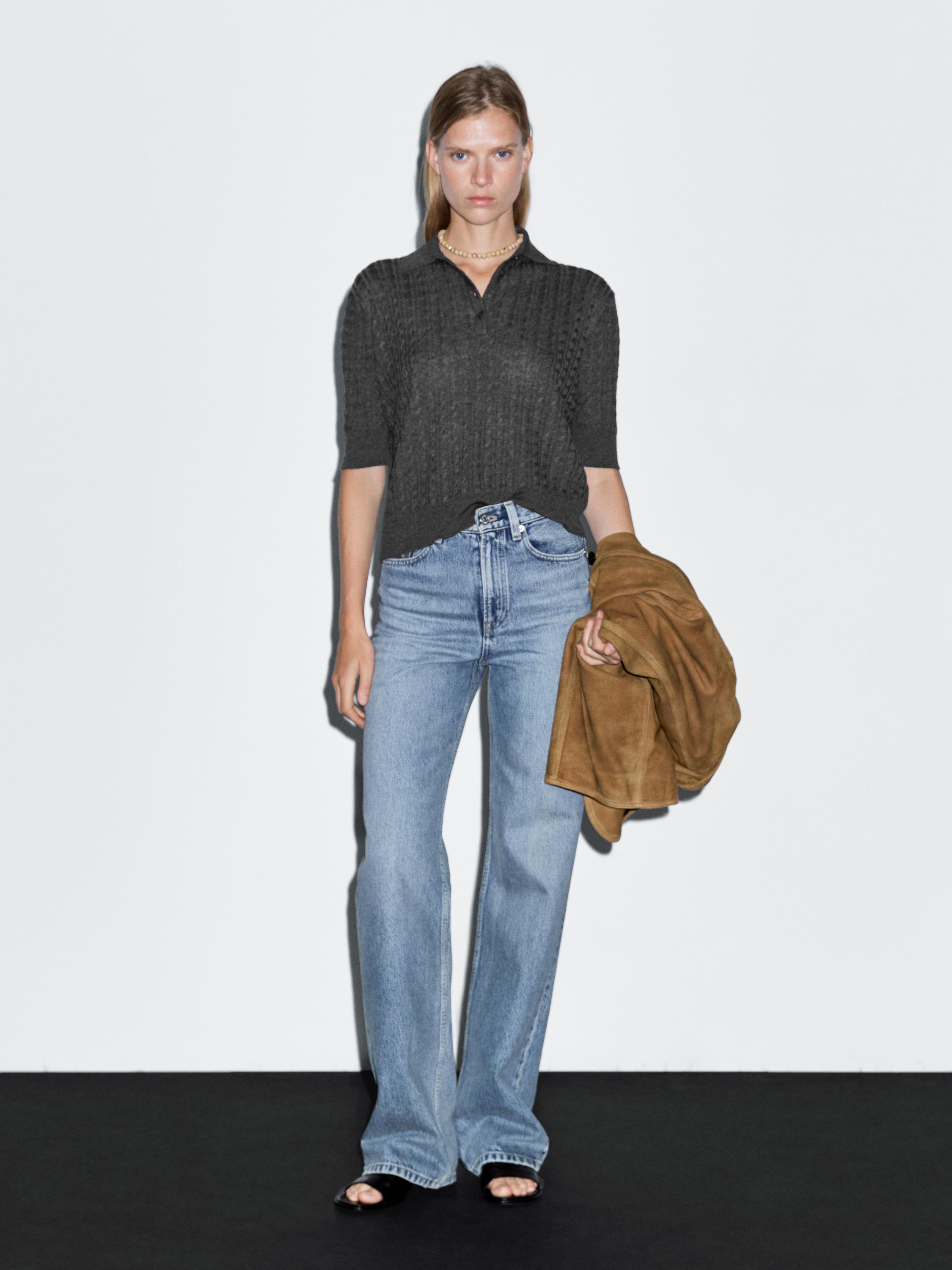 Braided knitted polo shirt with wool