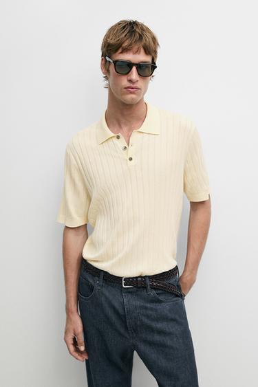 Ribbed knit cotton blend polo shirt — CREAM 3