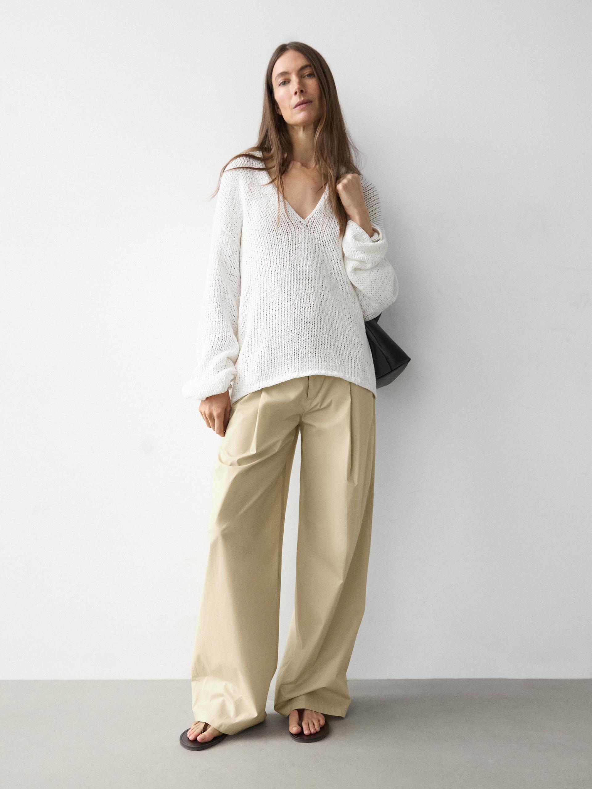 Pantalon Wide Leg Coton - Sable - 36 - Massimo Dutti - Femme