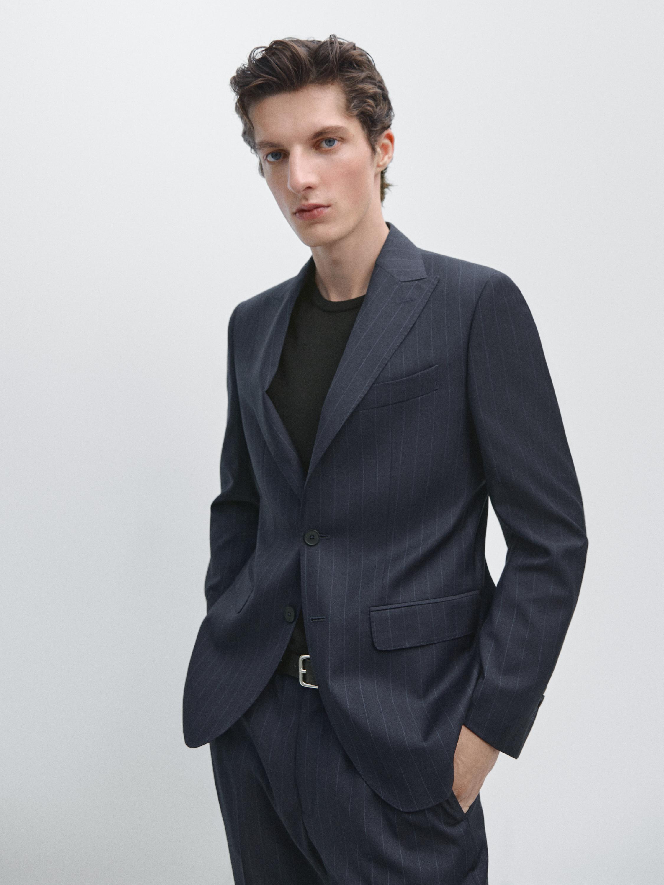100% wool pinstriped suit blazer — NAVY BLUE