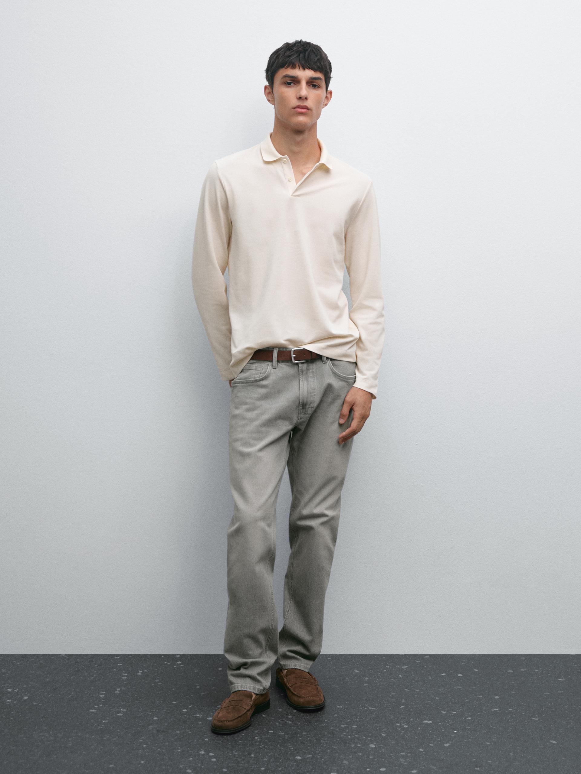 Polo Manches Longues En Piqué Mercerisé - Glace - S - Massimo Dutti - Homme