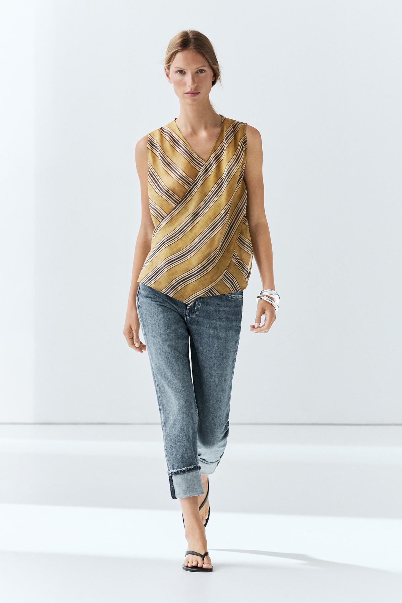 Flowing striped ramie blend wrap top — DARK YELLOW
