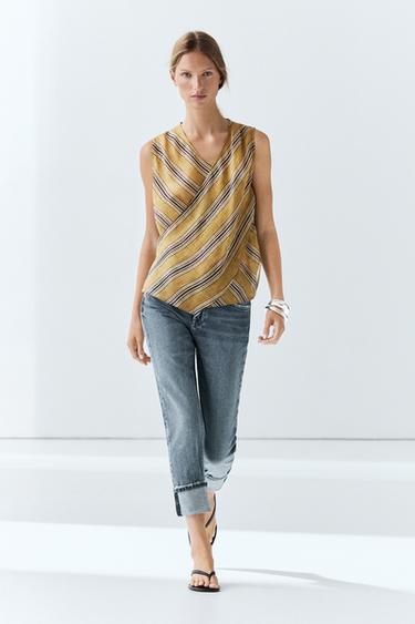 Flowing striped ramie blend wrap top — DARK YELLOW 1