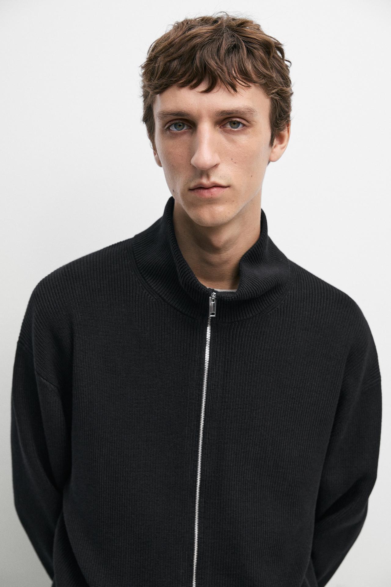 100% cotton ribbed knit cardigan — BLACK