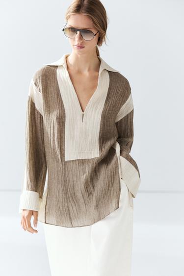 Flowing textured linen blend blouse — TAUPE GREY 3