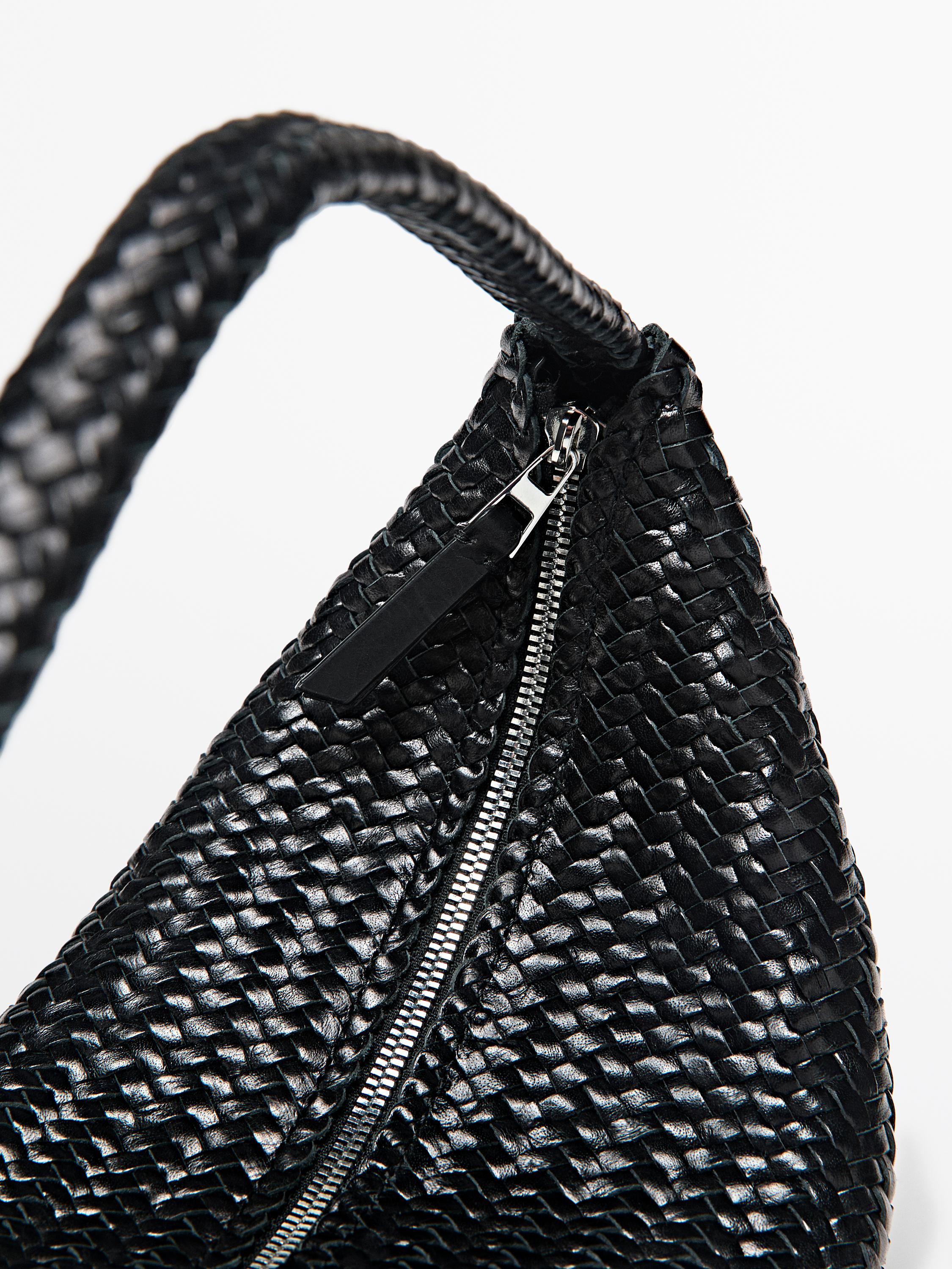 Braided leather half-moon bag — BLACK