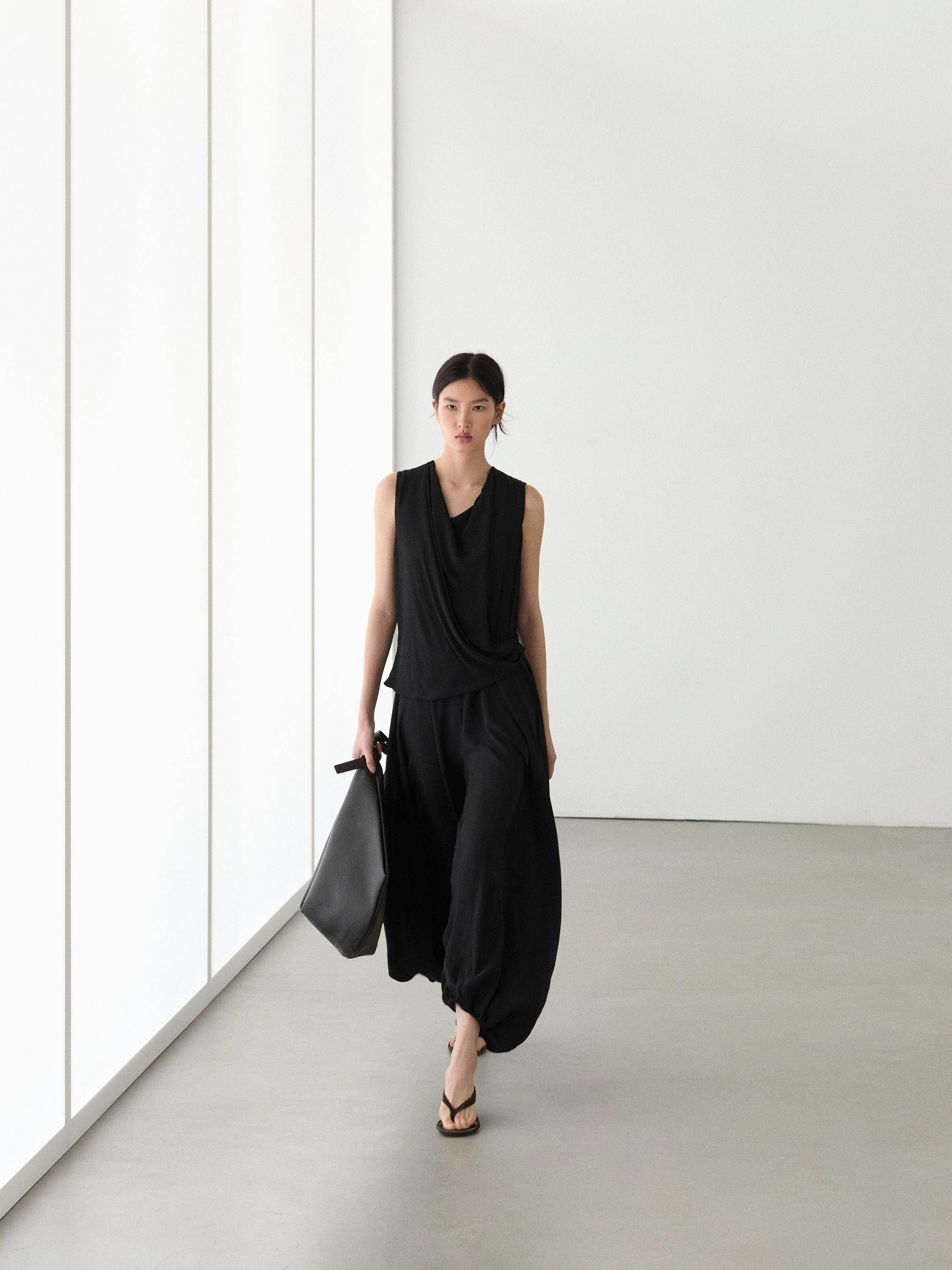 Flowing semi-sheer jumpsuit dress — BLACK