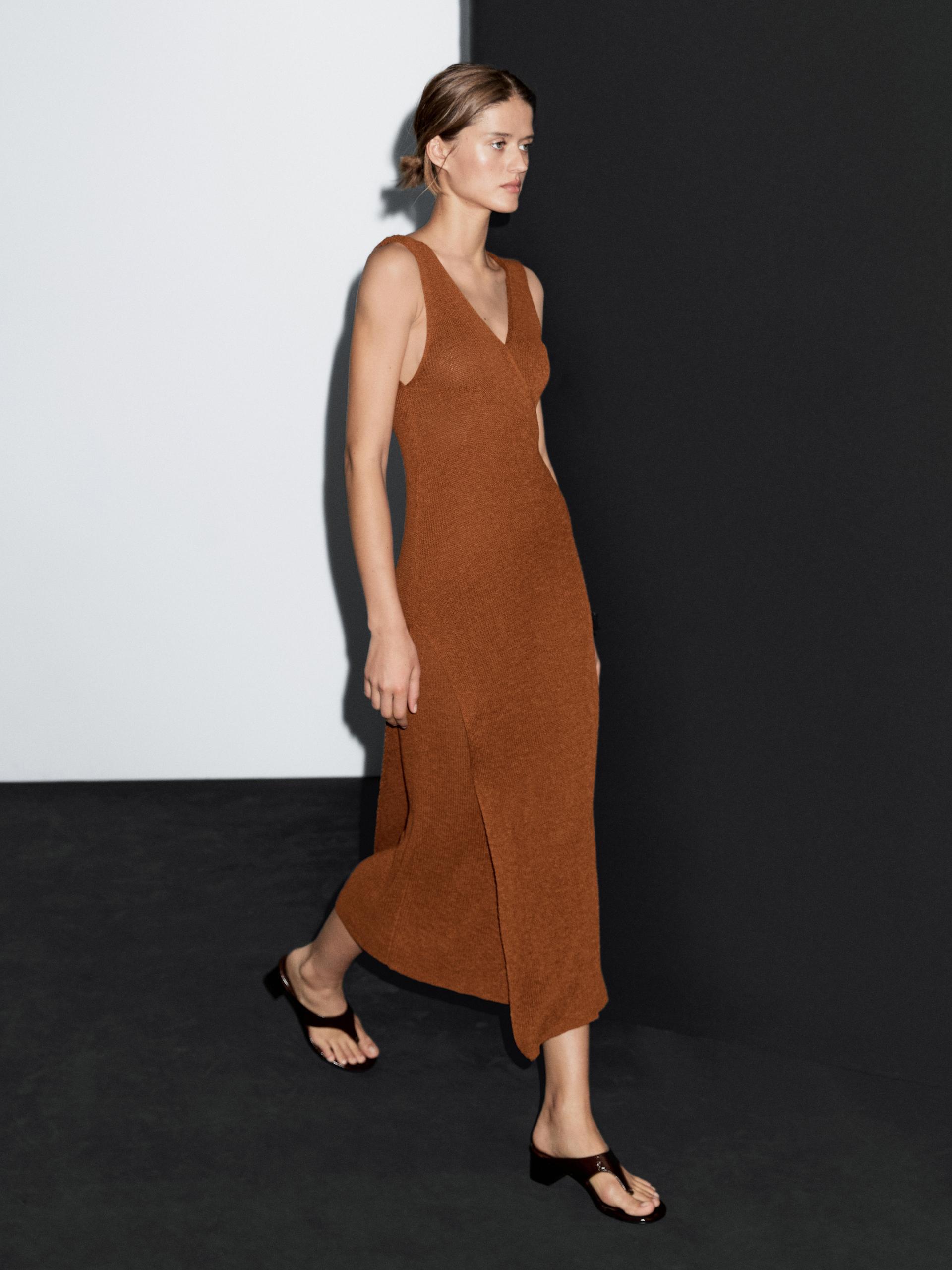 Robe Longue En Maille Croisée - Tuile - S - Massimo Dutti - Femme