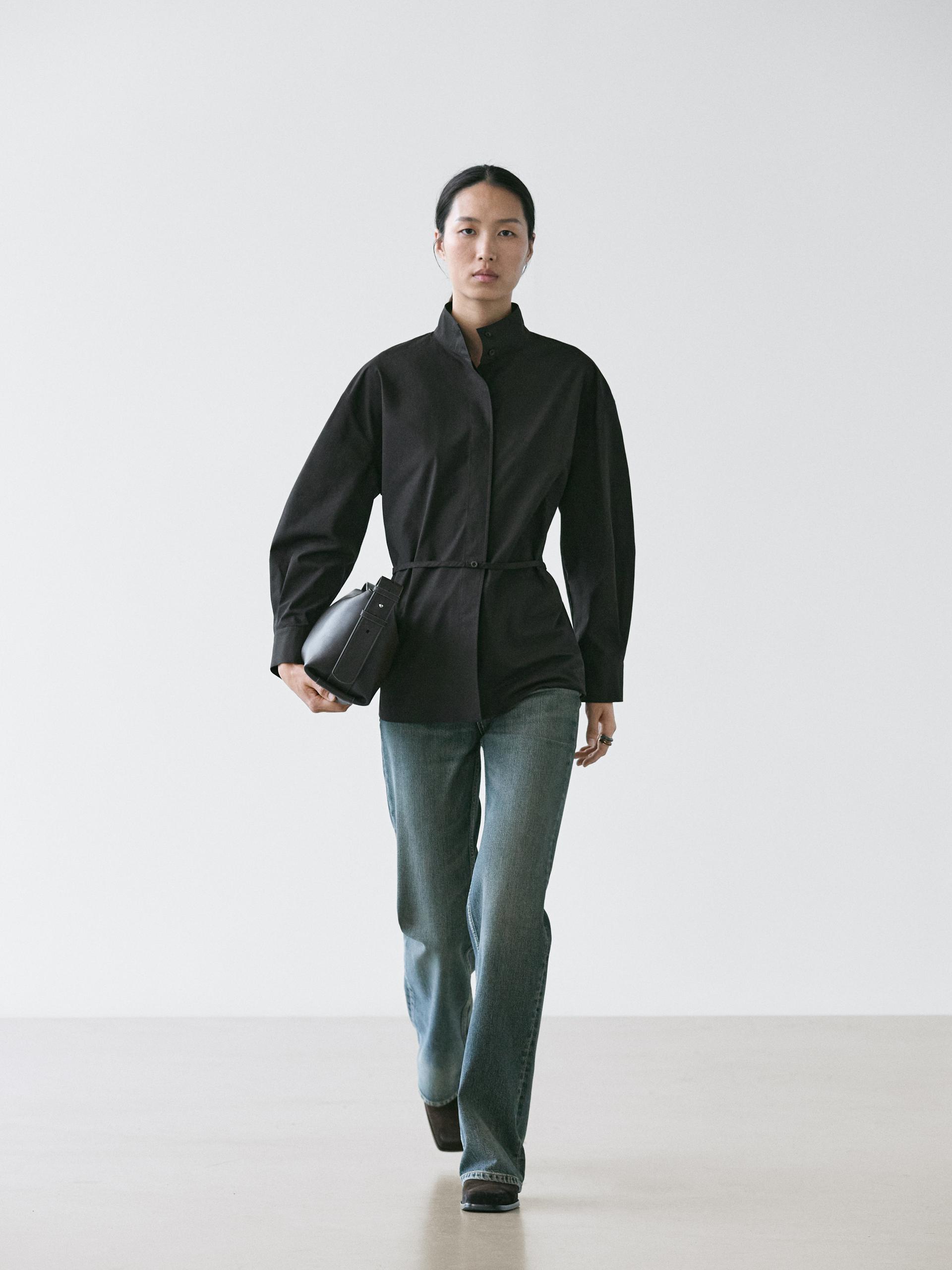 Koszula Ze Stójką I Ozdobnym Paskiem - Czarny - Xs - Massimo Dutti - Kobieta