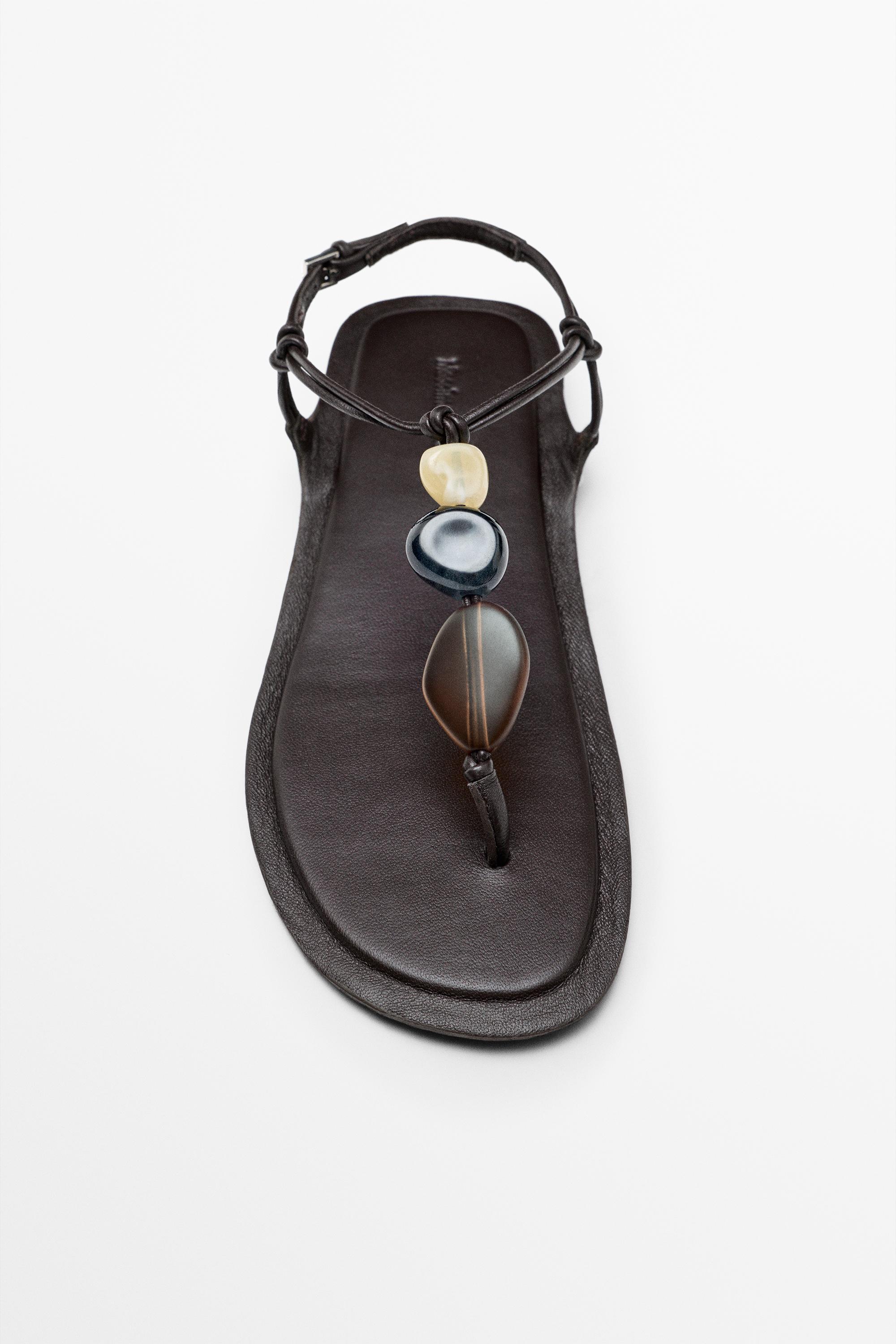 Flat slider sandals with stones — BROWN