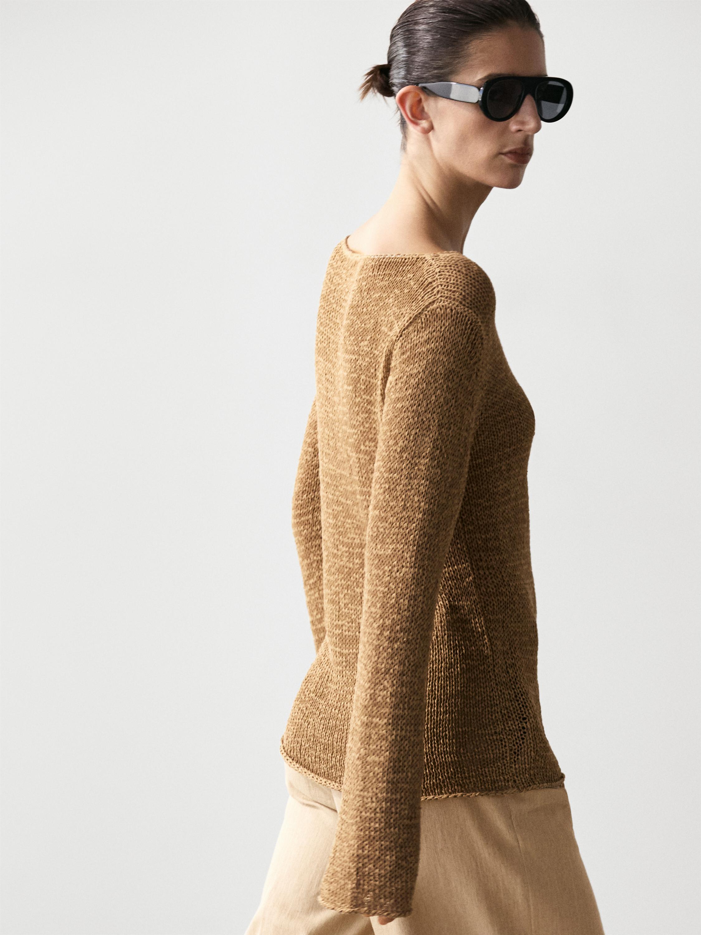 Cotton blend knit boat neck sweater — OCHRE
