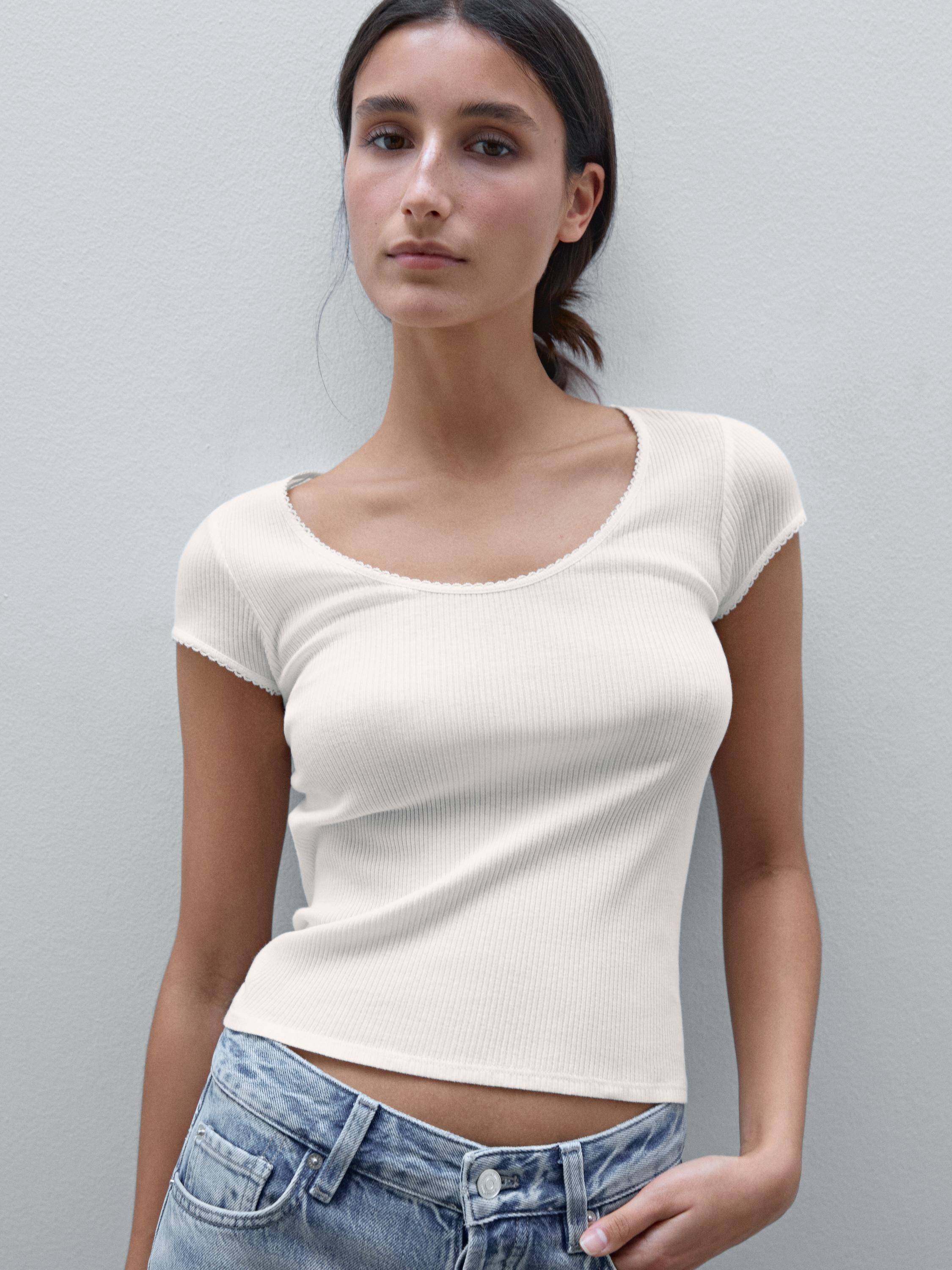 Cotton T-shirt with lace trim detail