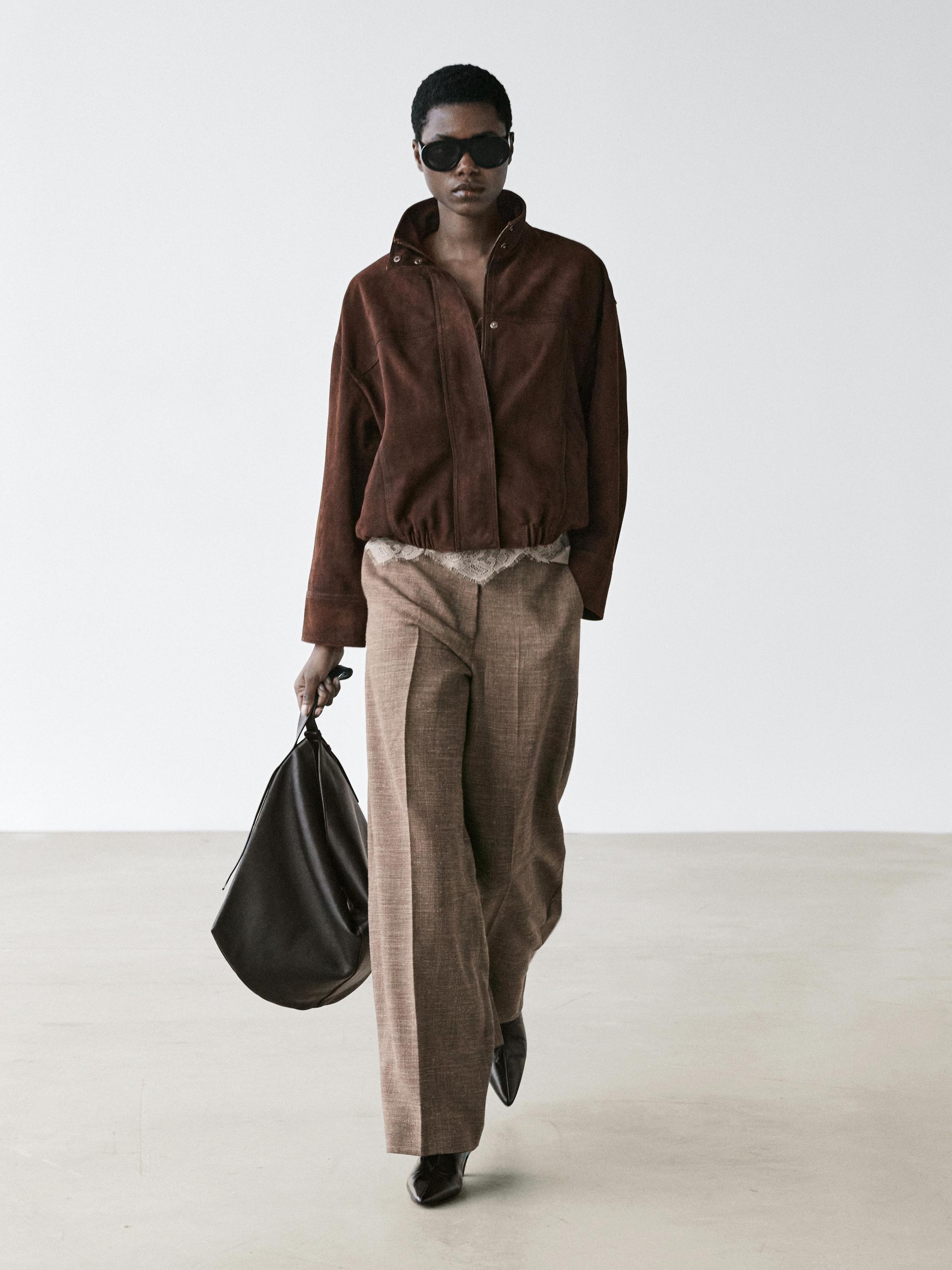 Wide-leg voluminous wool blend trousers — TAUPE GREY