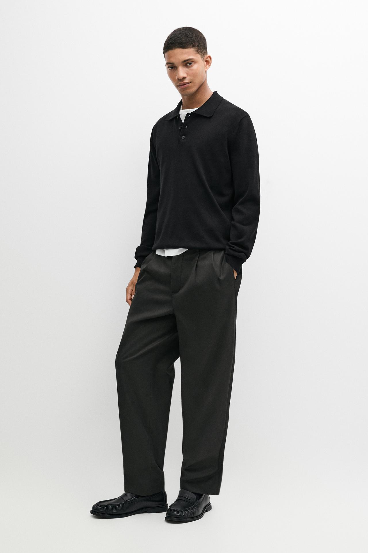 100% cotton knit polo sweater — BLACK