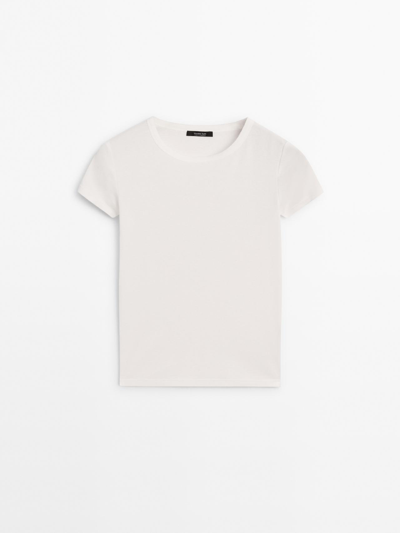 Massimo Dutti - Dame - Kortærmet T-Shirt Med Kantdetaljer - Råhvid - Xl