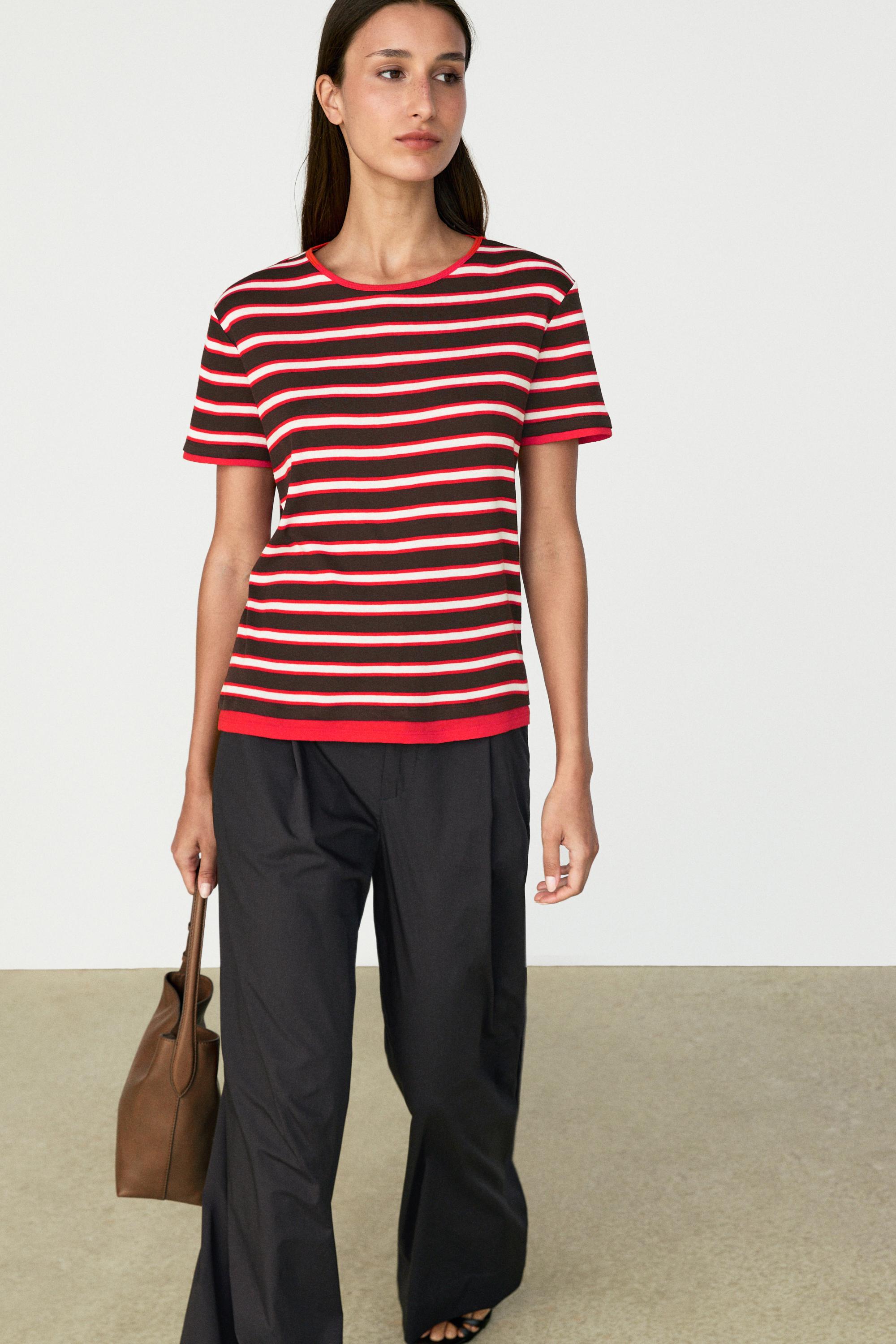 100% cotton short sleeve striped T-shirt — RED