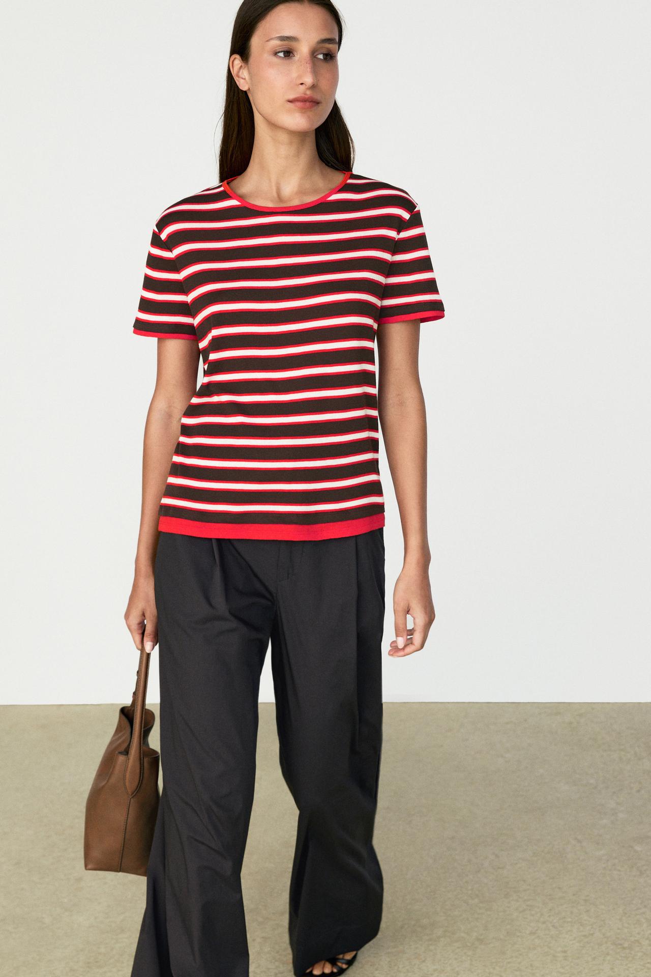 100% cotton short sleeve striped T-shirt — RED
