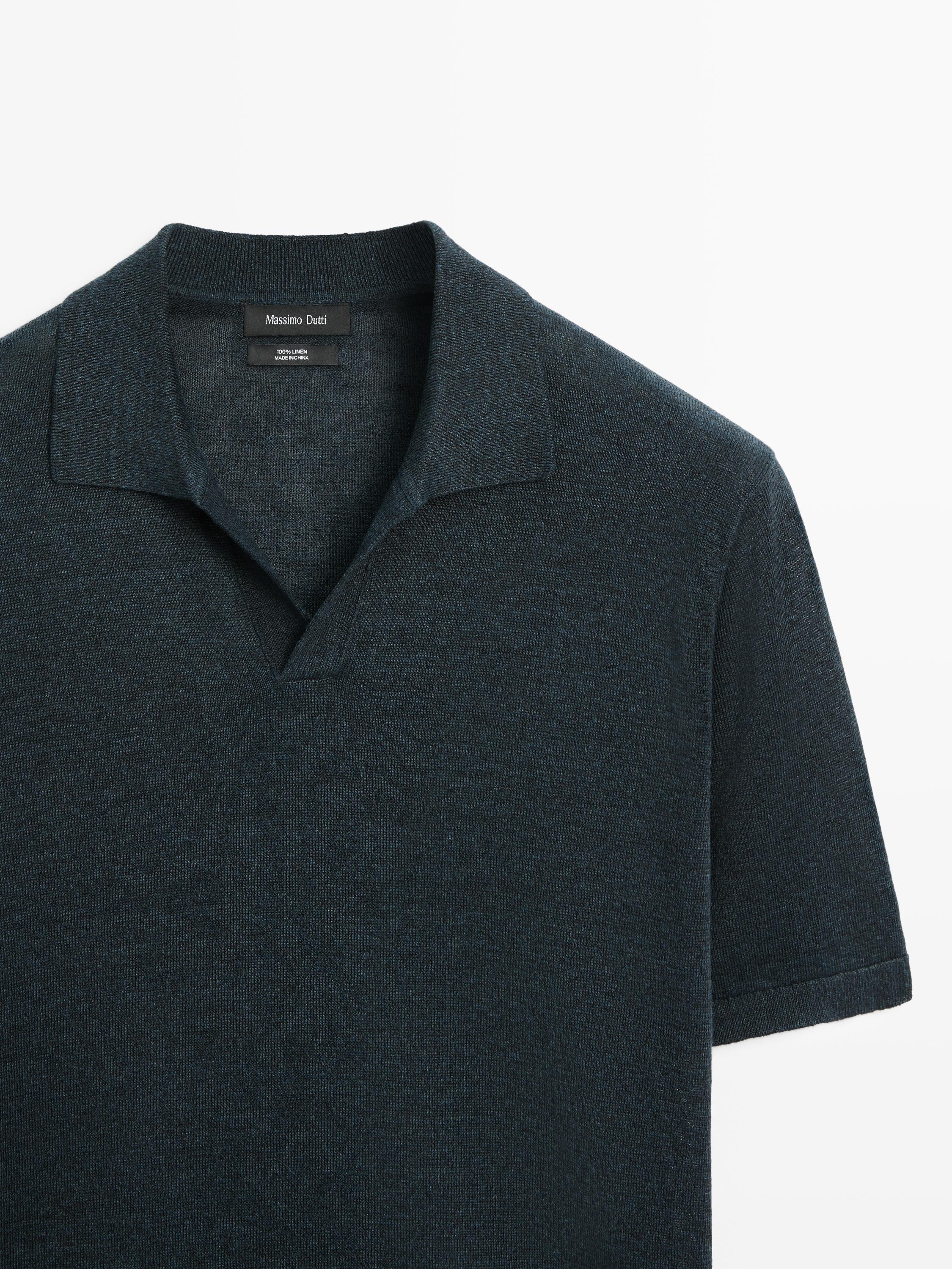 Linen V-neck polo sweater — NAVY BLUE