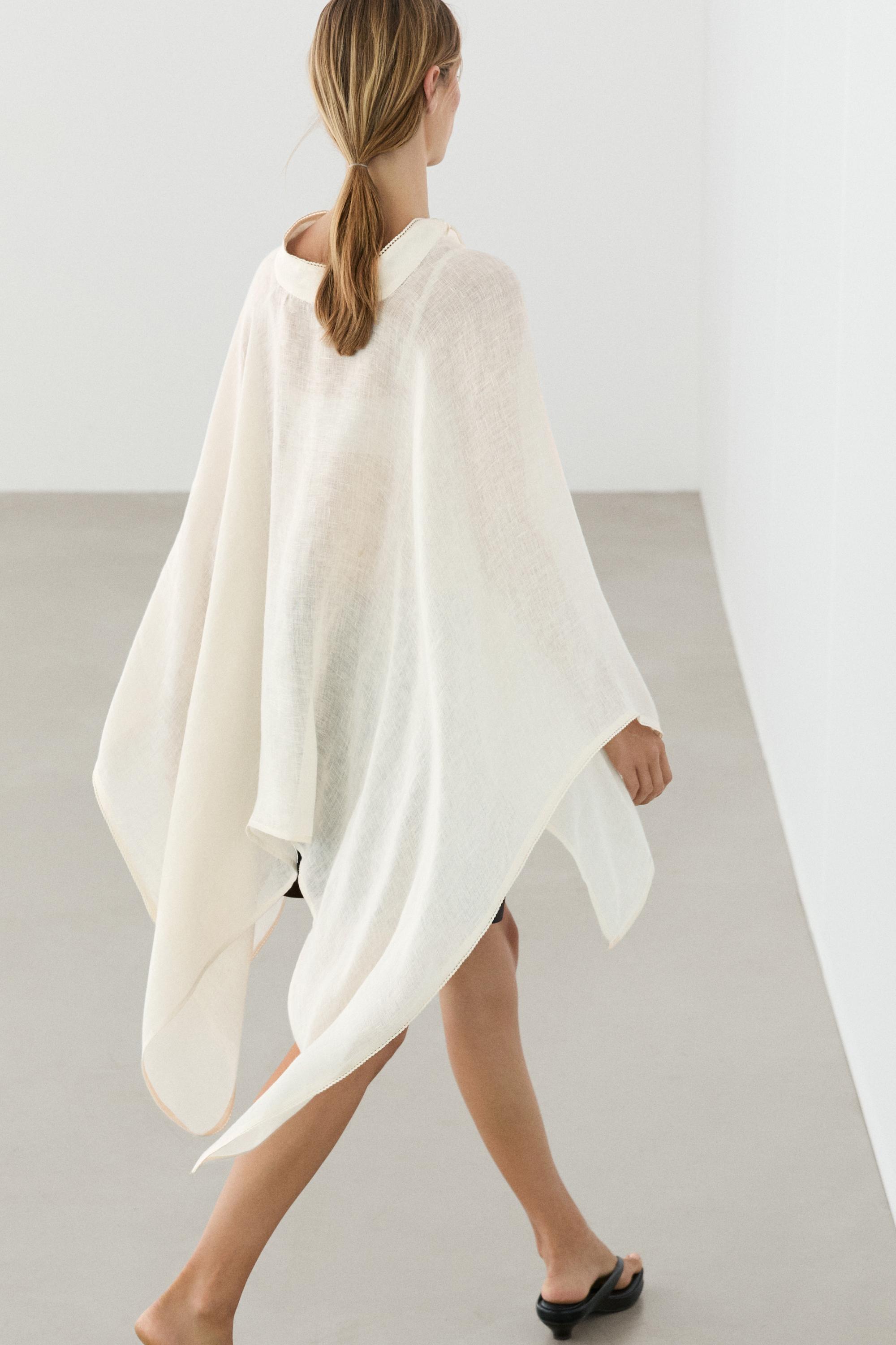 100% linen stand collar cape — CREAM (alternate view)