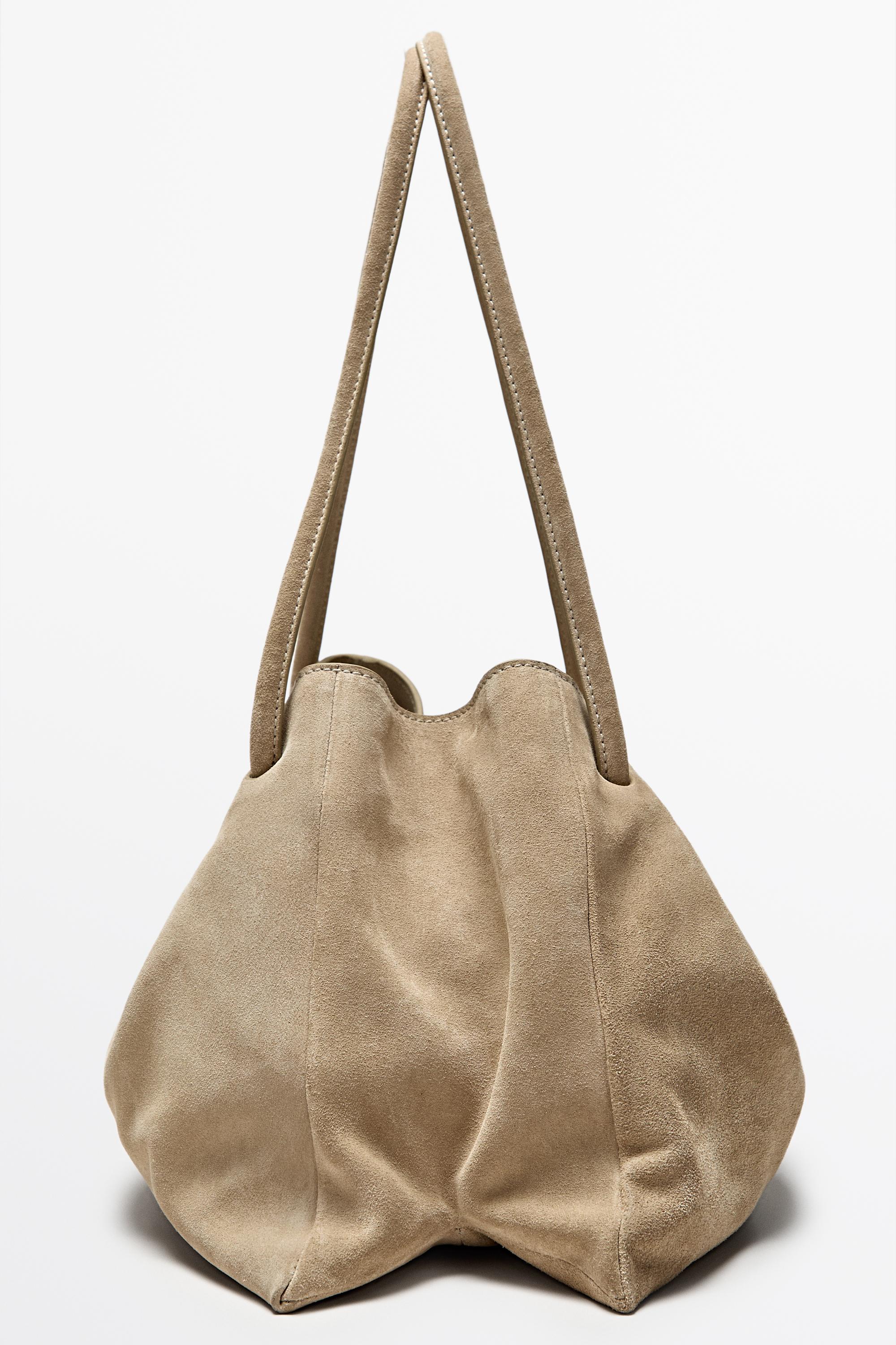 Ruched split suede leather bag — Ecru