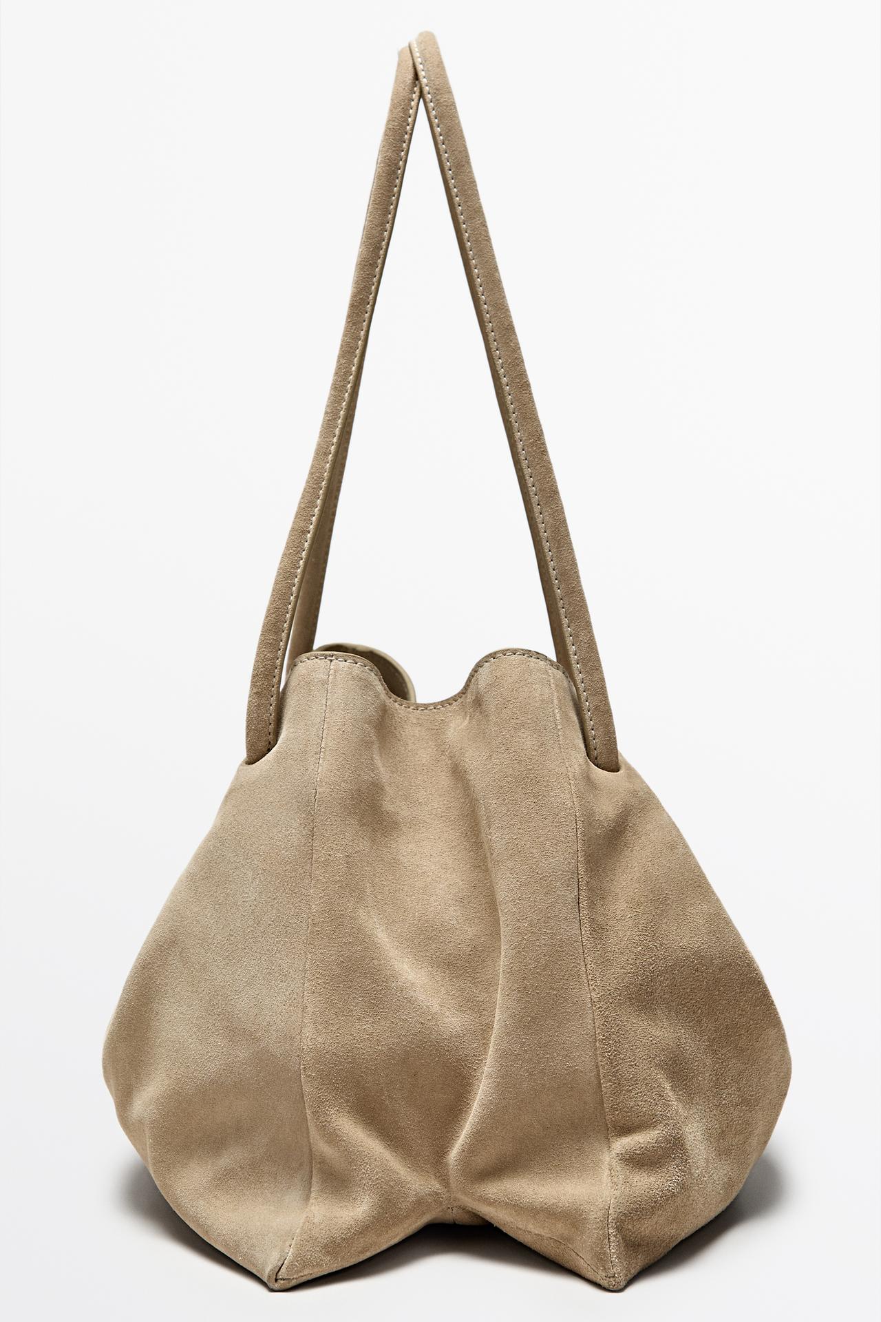 Medium gathered split suede leather bag — Ecru