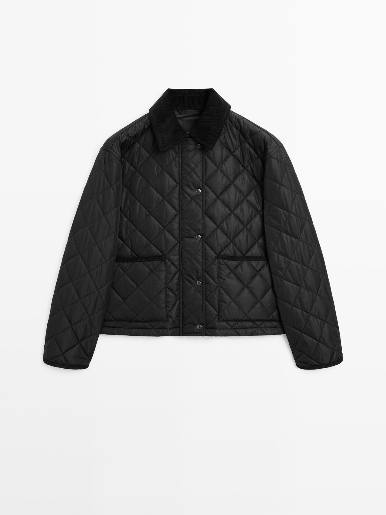 Massimo Dutti - Dames - Kort Lichtgewicht Gewatteerd Jack Met Corduroy Detail - Zwart - L