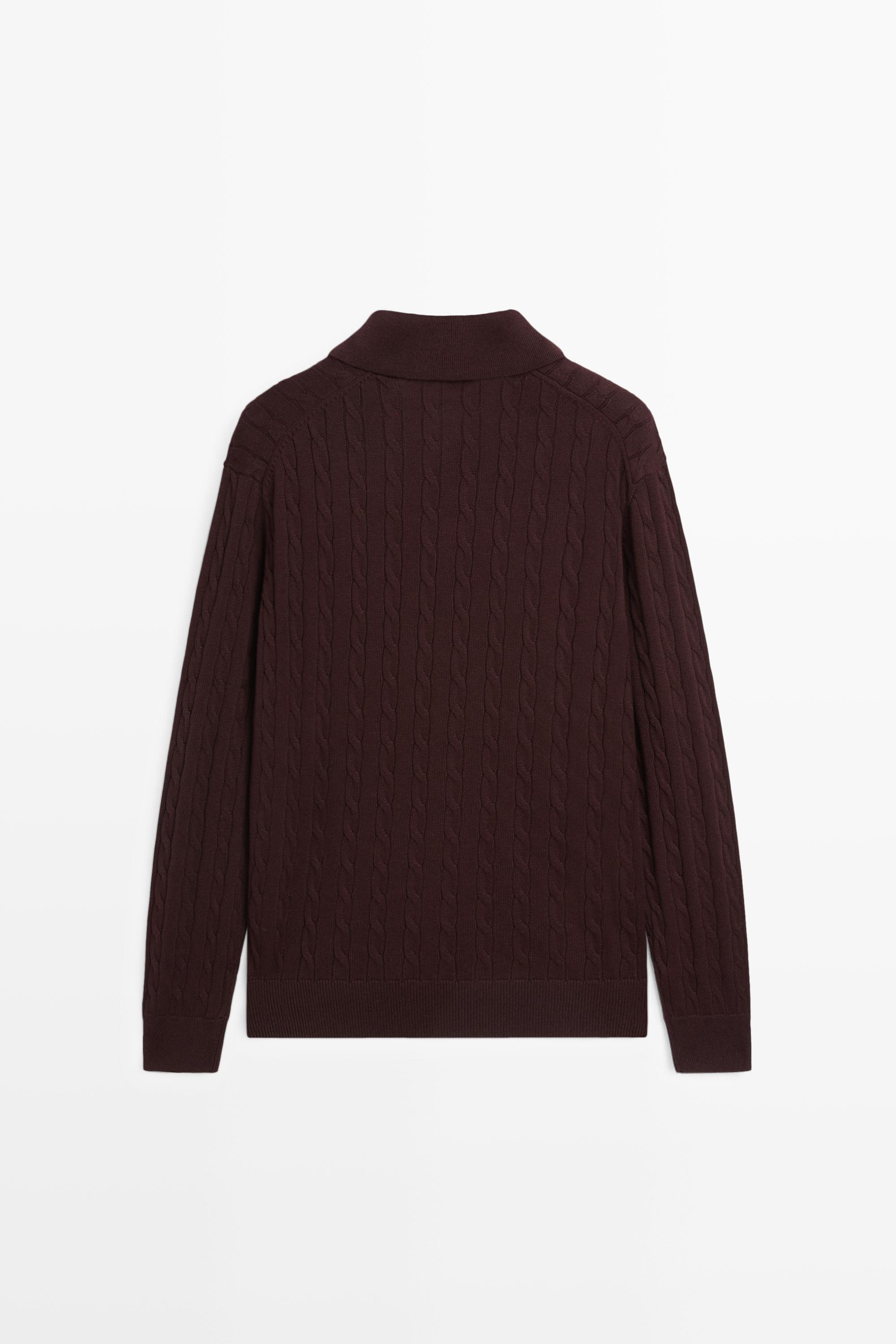 100% Cotton Cable-Knit Polo Sweater — BURGUNDY