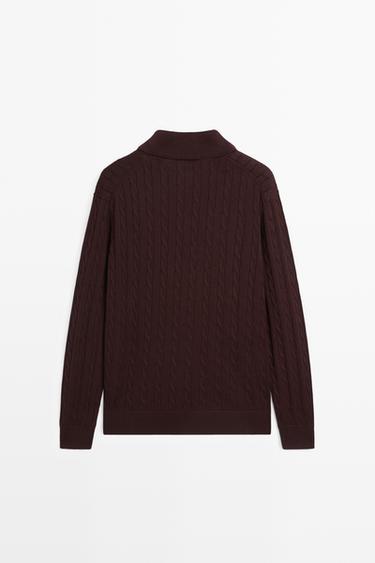 100% Cotton Cable-Knit Polo Sweater — BURGUNDY 6