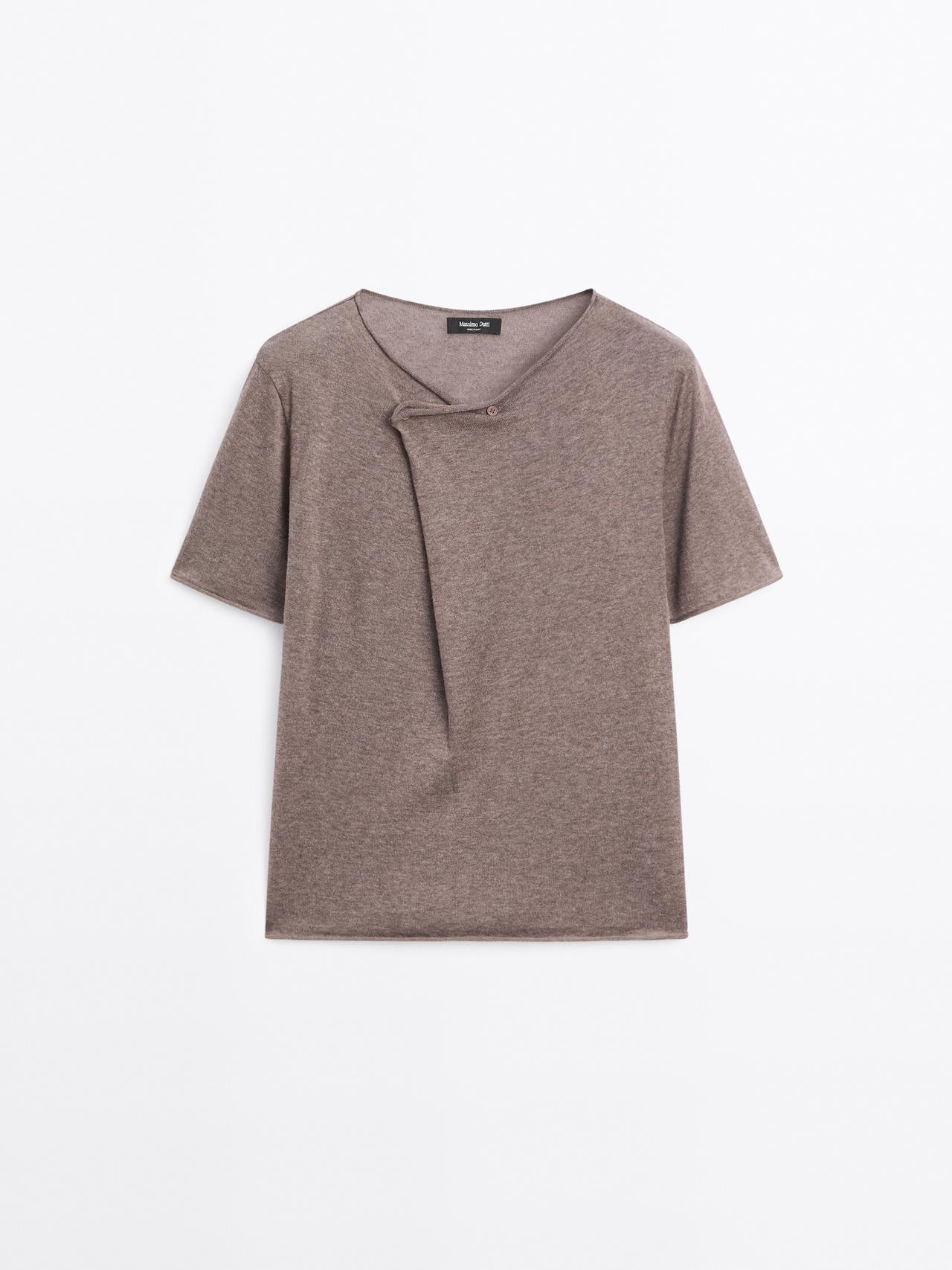 Massimo Dutti - Dame - Kortærmet T-Shirt Med Asymmetrisk Lukning - Mink - Xl