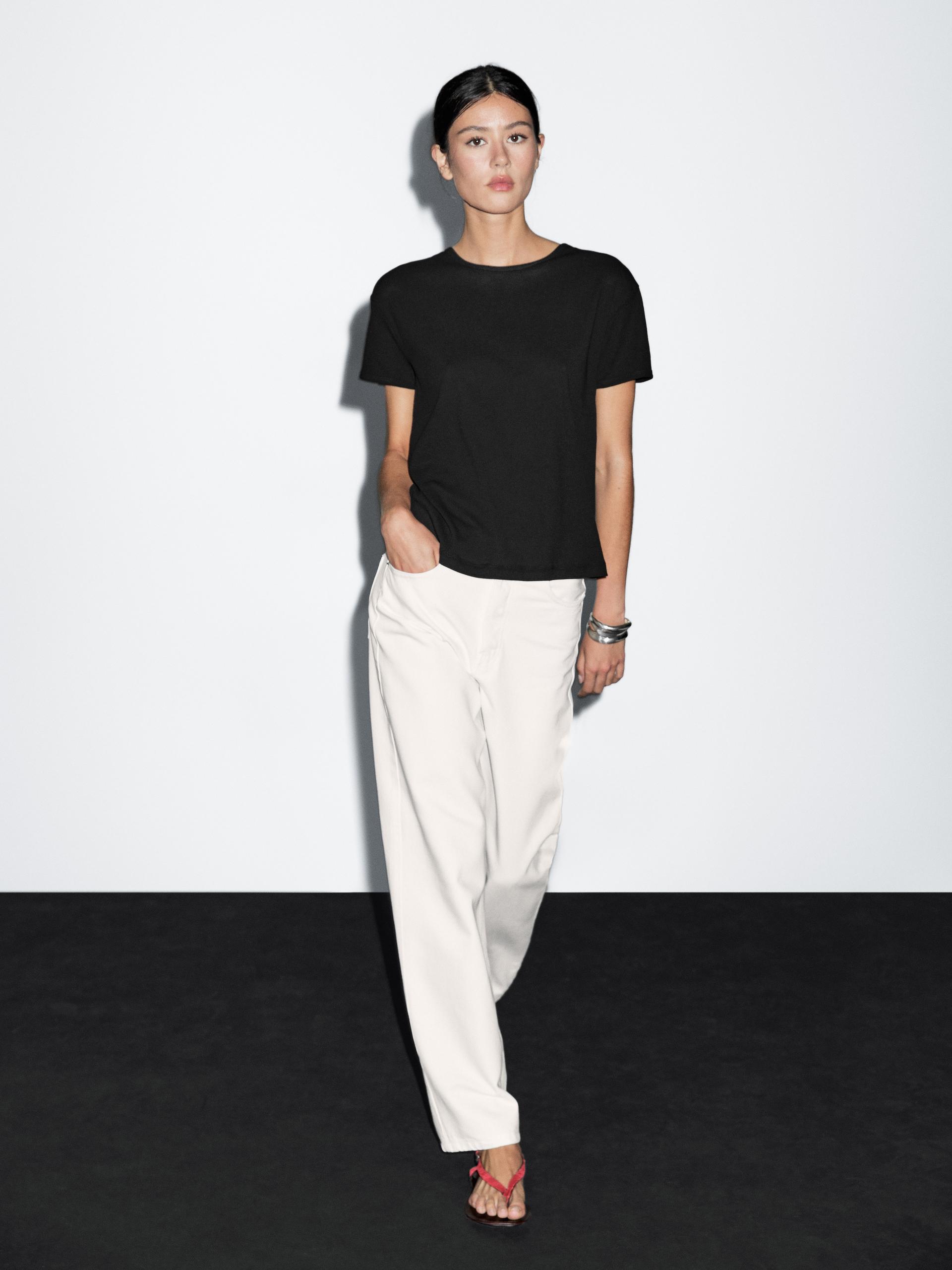 Koszulka Ze 100% Bawełny Z Krótkim Rękawem - Czarny - S - Massimo Dutti - Kobieta